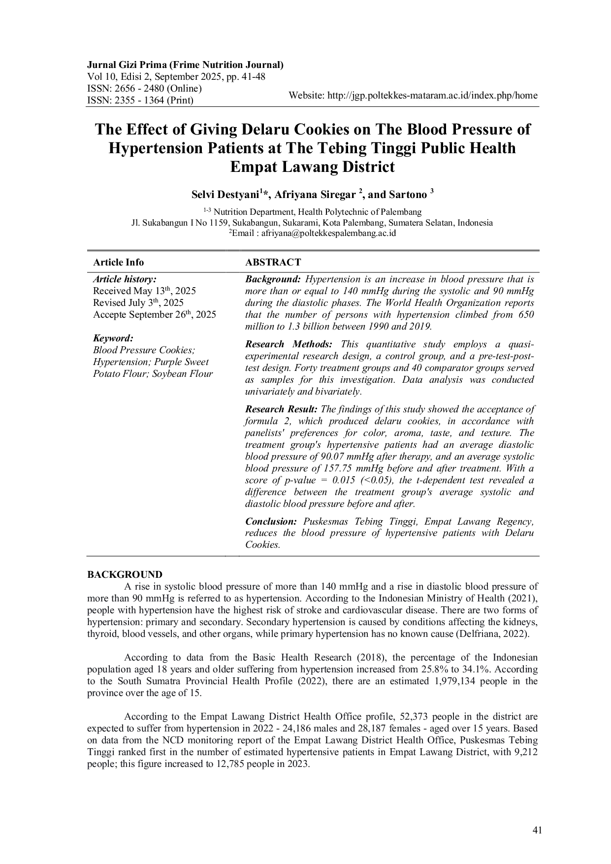 JURIS The Effect of Giving Delaru Cookies on The Blood Pressure of Hypertension Patients at The Tebing Tinggi Public Health Empat Lawang District