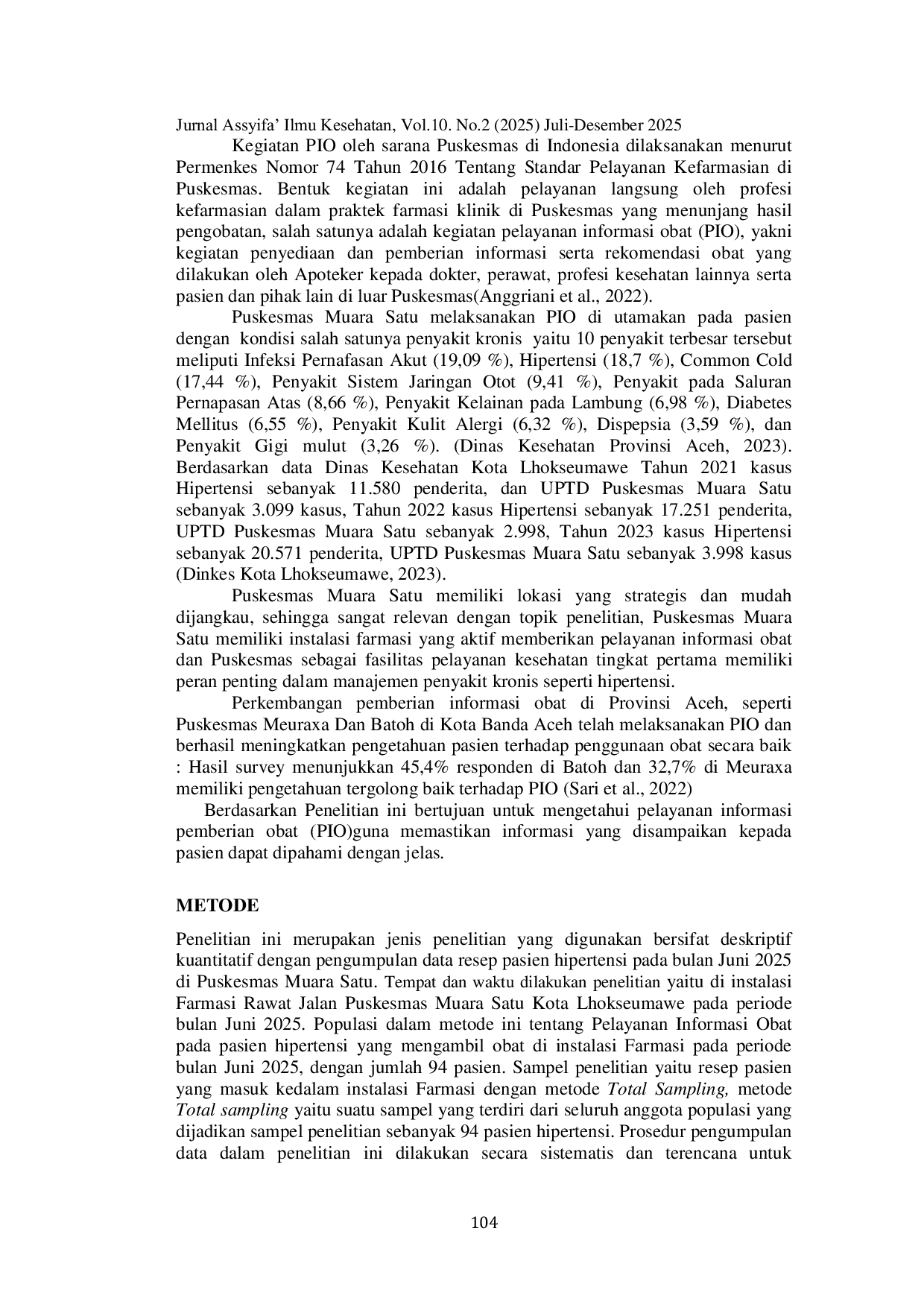 JURIS Pelayanan Informasi Obat Pada Pasien Hipertensi Di Puskesmas Muara Satu