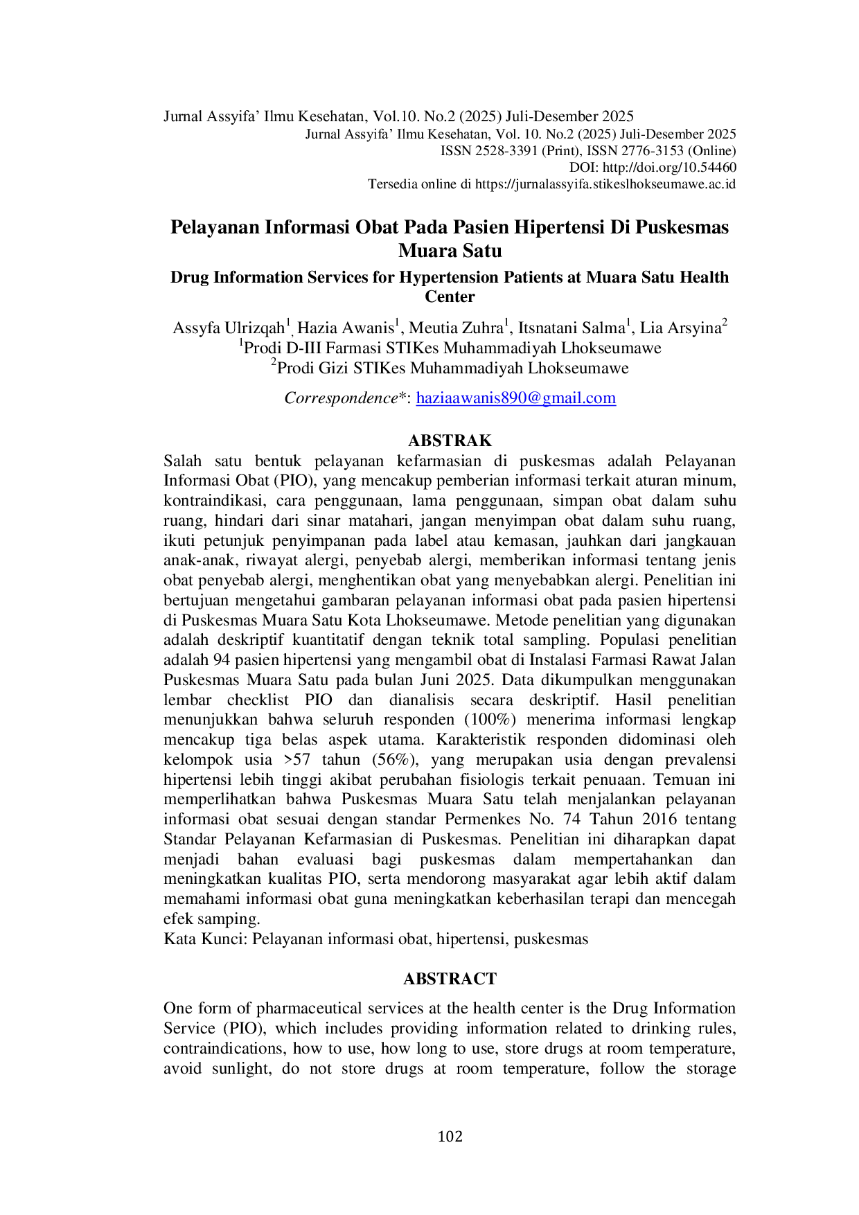 JURIS Pelayanan Informasi Obat Pada Pasien Hipertensi Di Puskesmas Muara Satu