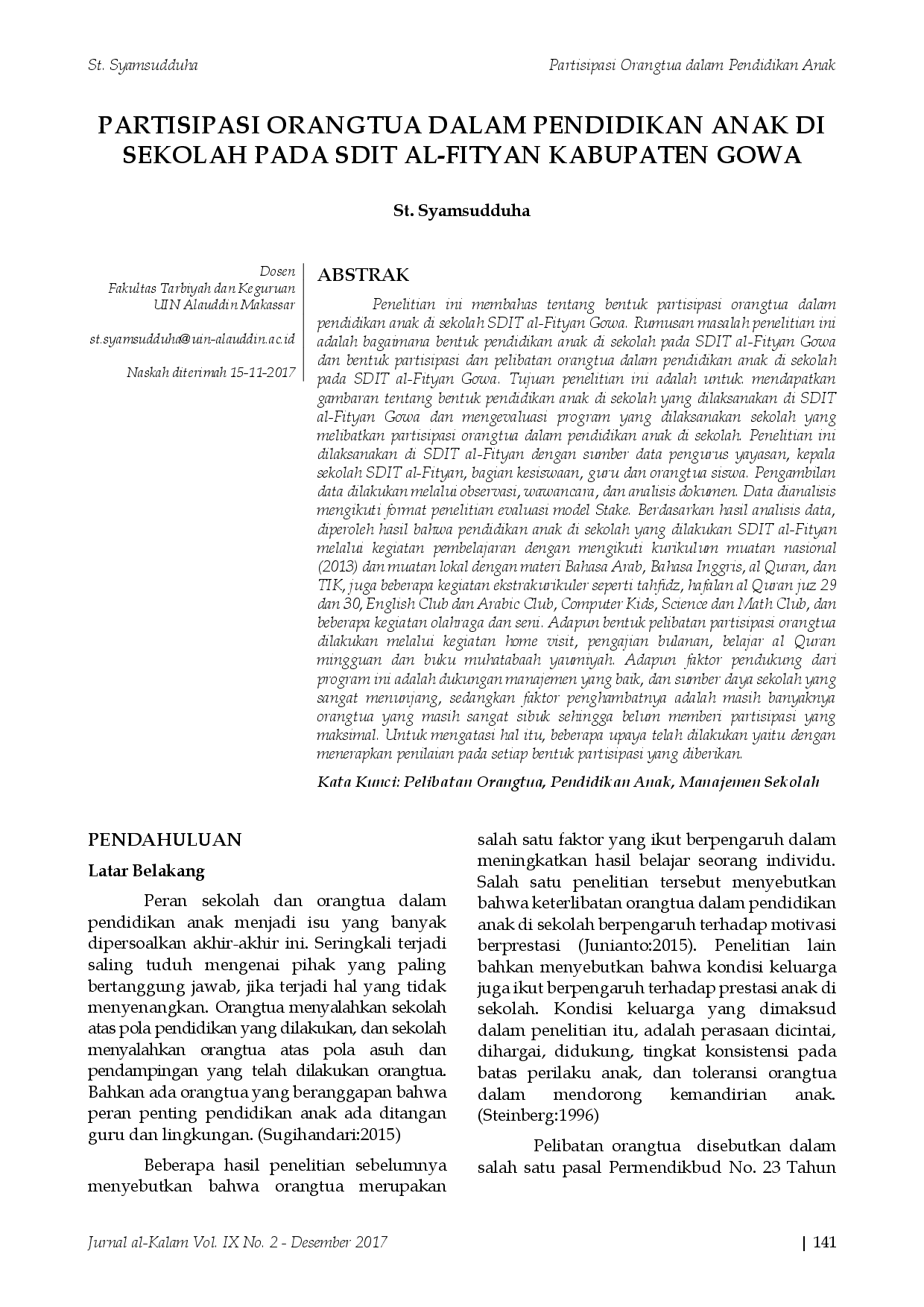 juris Partisipasi Orangtua dalam Pendidikan Anak di Sekolah pada SDIT Al Fityan Kabupaten Gowa