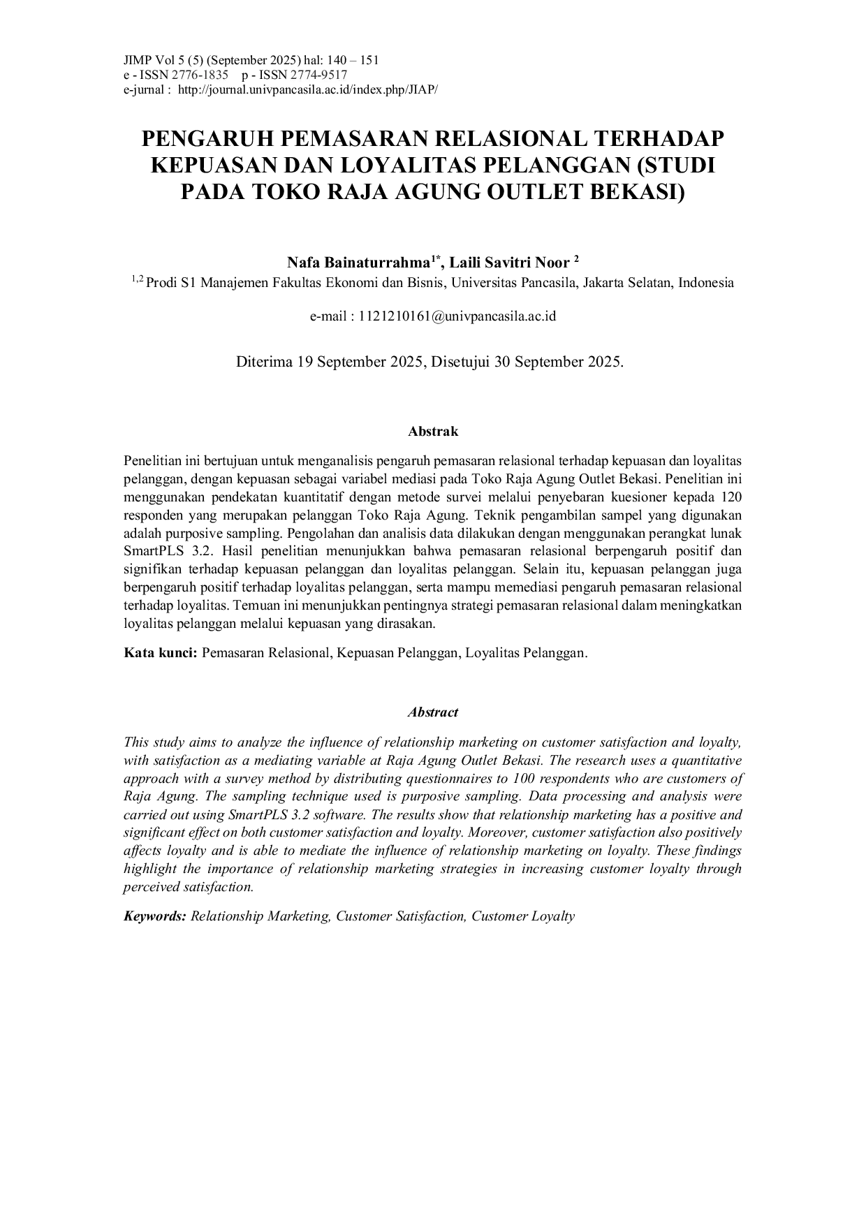 JURIS Pengaruh Pemasaran Relasional Terhadap Kepuasan Dan Loyalitas Pelanggan Studi Pada Toko Raja Agung Outlet Bekasi