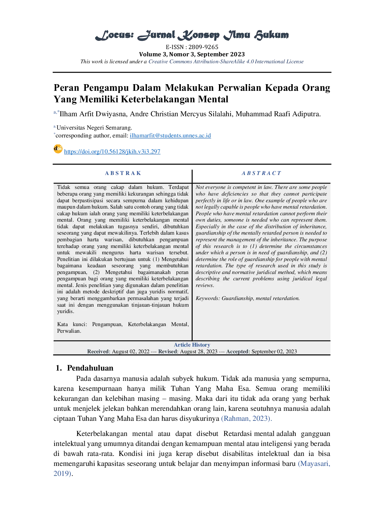JURIS Peran Pengampu Dalam Melakukan Perwalian Kepada Orang Yang Memiliki Keterbelakangan Mental