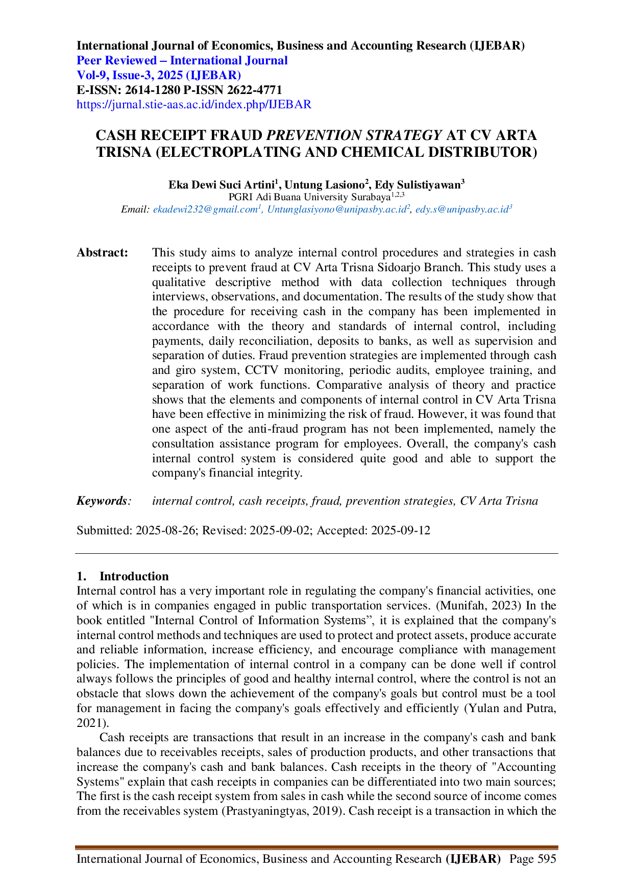 juris Cash Receipt Fraud Prevention Strategy at CV Arta Trisna Electroplating and Chemical Distributor