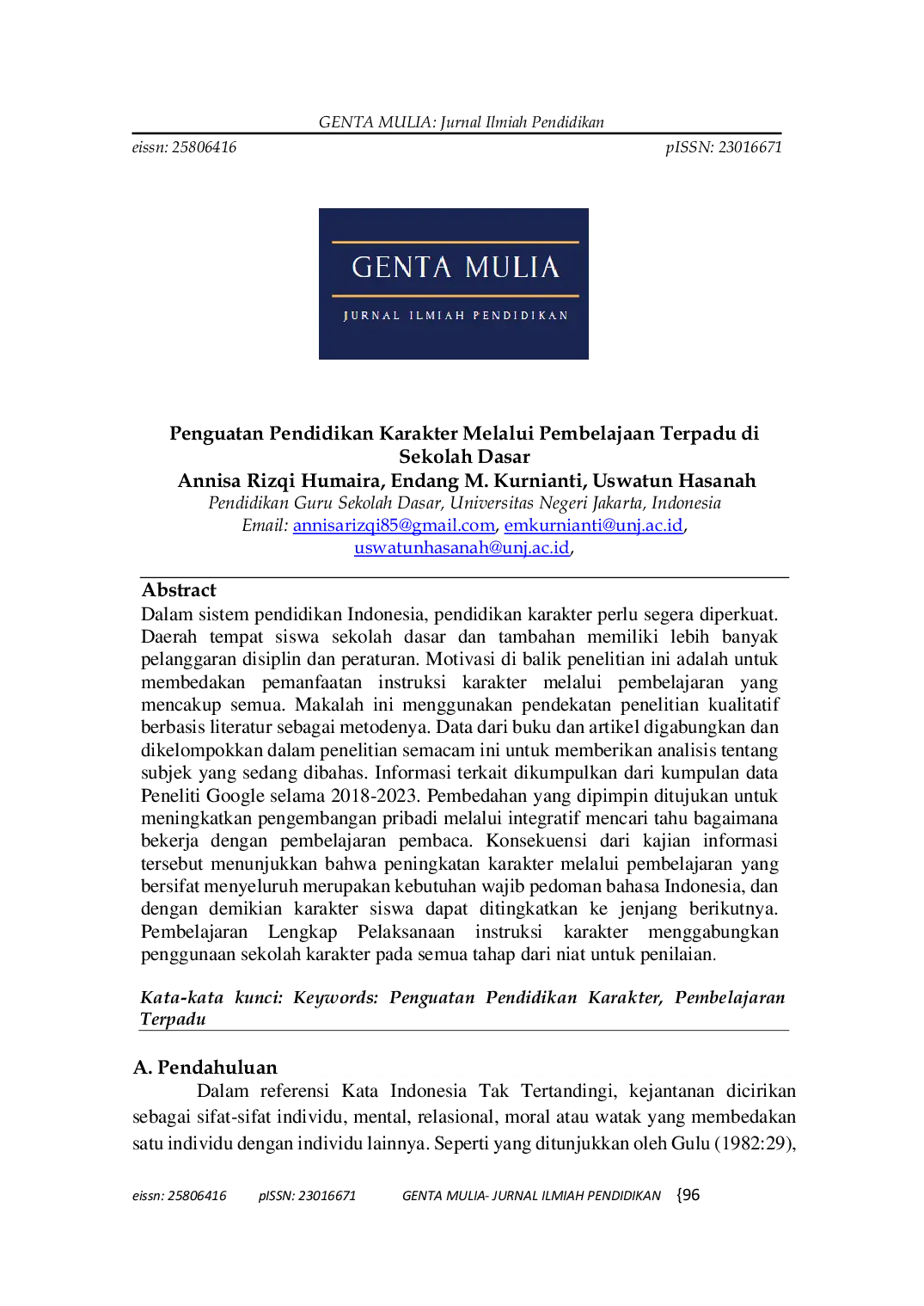 JURIS Penguatan Pendidikan Karakter Melalui Pembelajaran Terpadu Di Sekolah Dasar