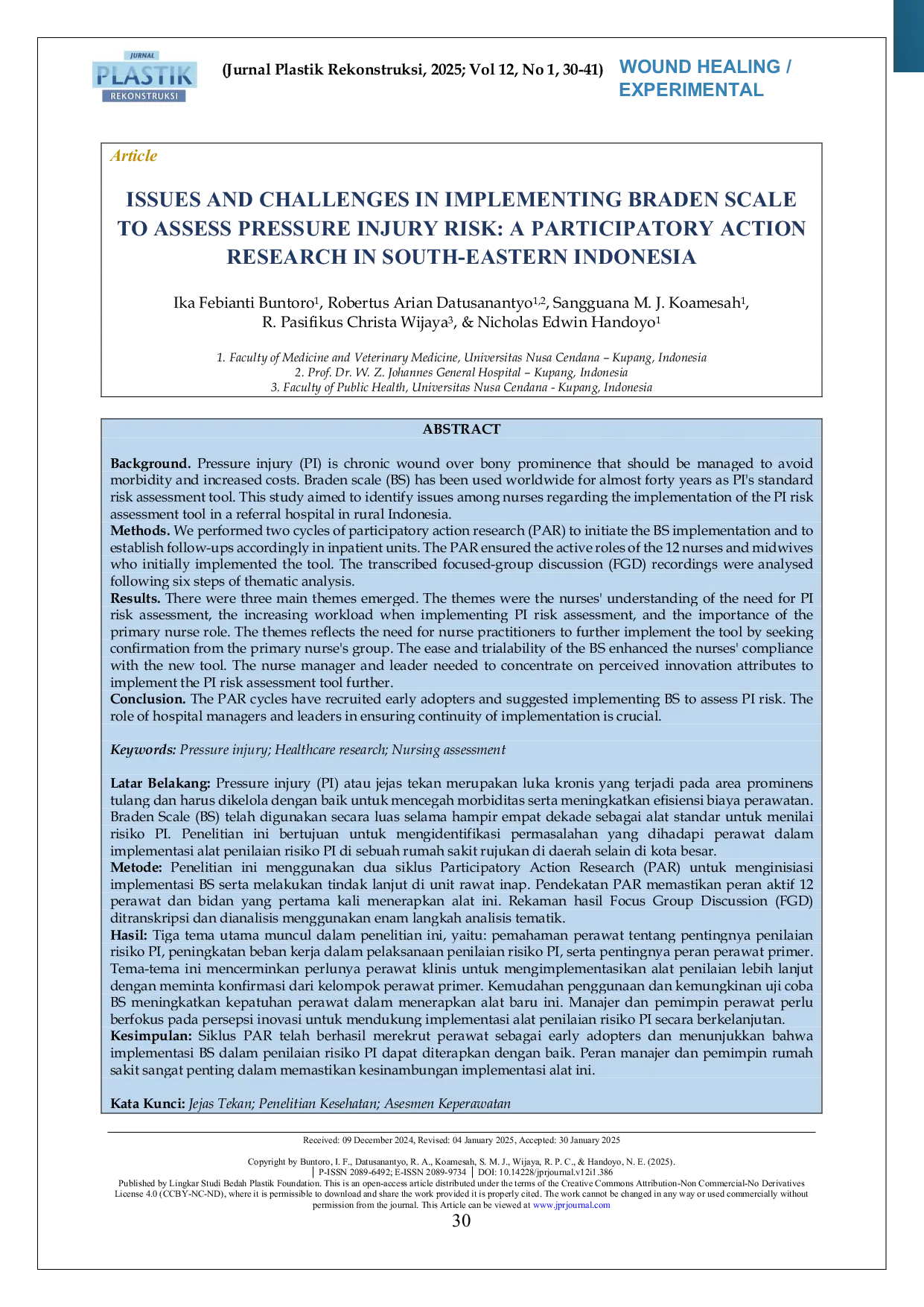 JURIS Issues and Challenges in Implementing Braden Scale to Assess Pressure Injury Risk A Participatory Action Research in South Eastern Indonesia