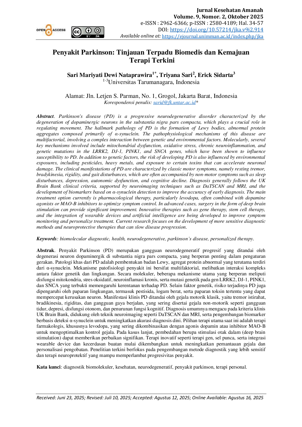 JURIS Penyakit Parkinson Tinjauan Terpadu Biomedis dan Kemajuan Terapi Terkini