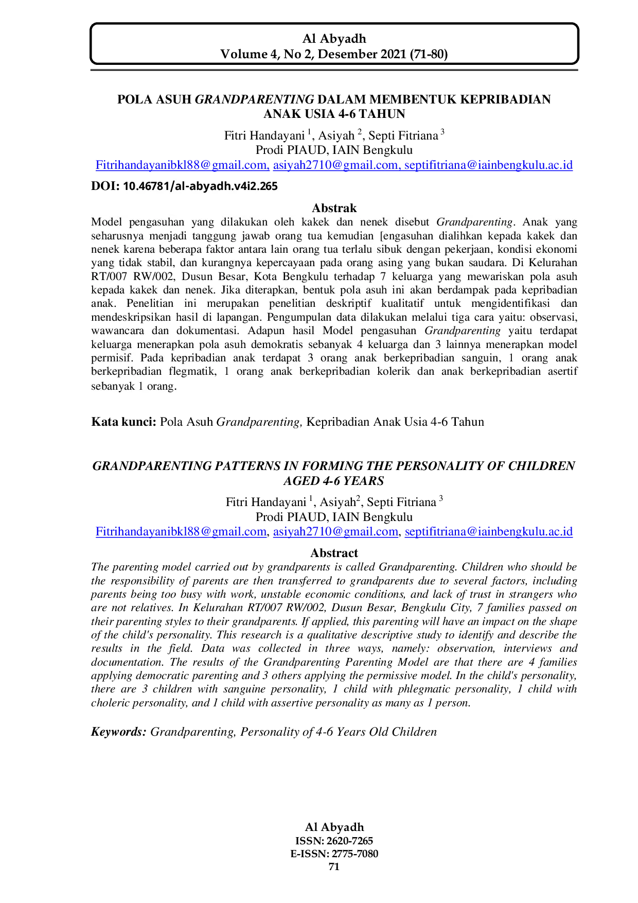 JURIS Pola Asuh Grandparenting Dalam Membentuk Kepribadian Anak Usia 4 6 Tahun