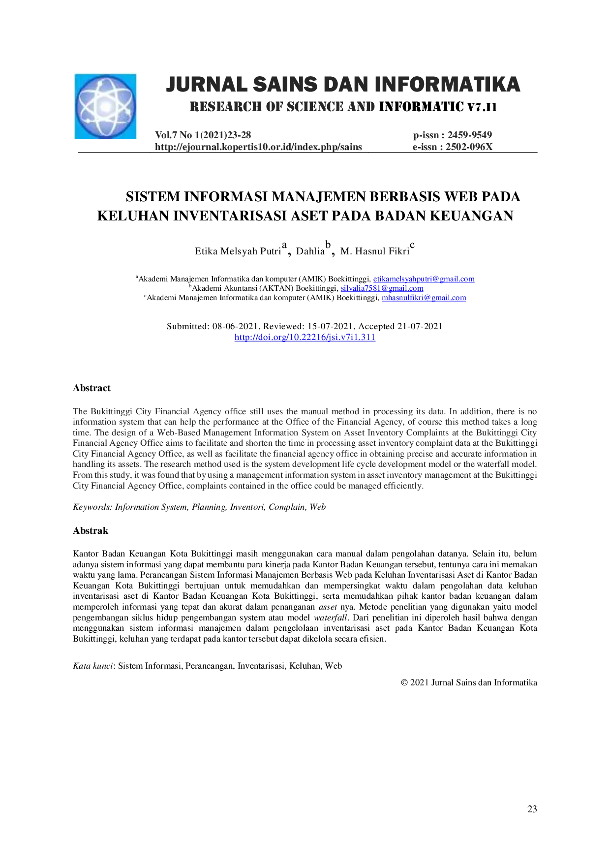 JURIS Sistem Informasi Manajemen Berbasis Web Pada Keluhan Inventarisasi Aset Pada Badan Keuangan