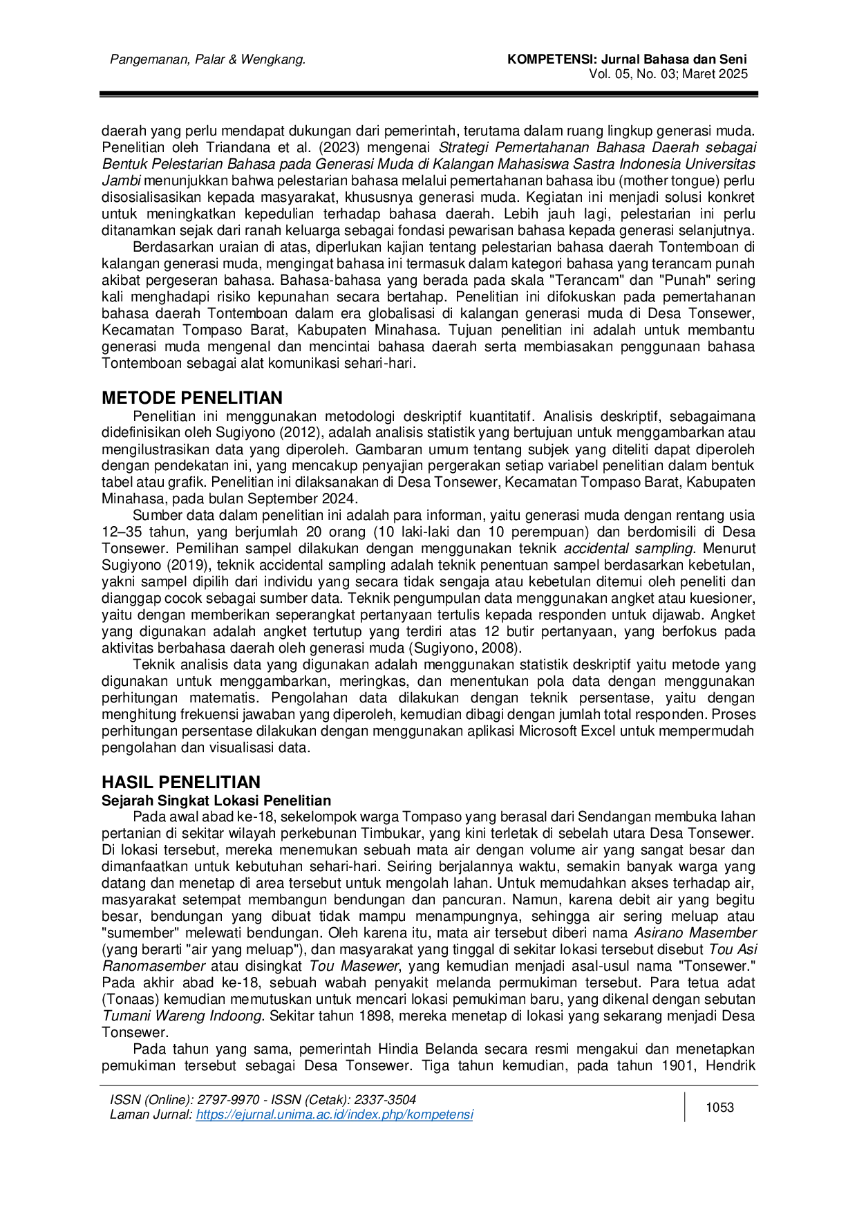 JURIS Analisis Pemertahanan Bahasa Tontemboan di Kalangan Remaja dan Dewasa Muda Desa Tonsewer