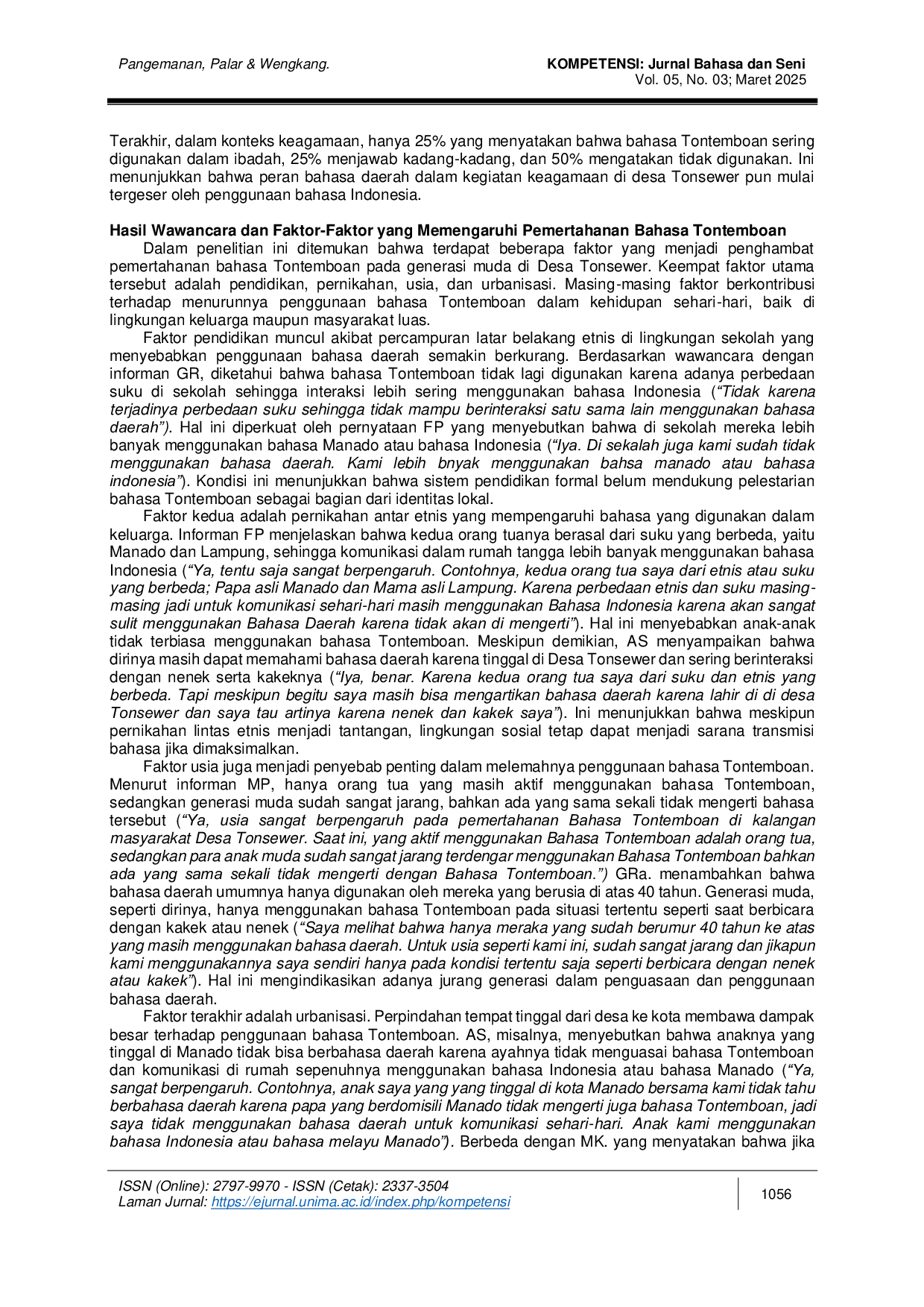 JURIS Analisis Pemertahanan Bahasa Tontemboan di Kalangan Remaja dan Dewasa Muda Desa Tonsewer