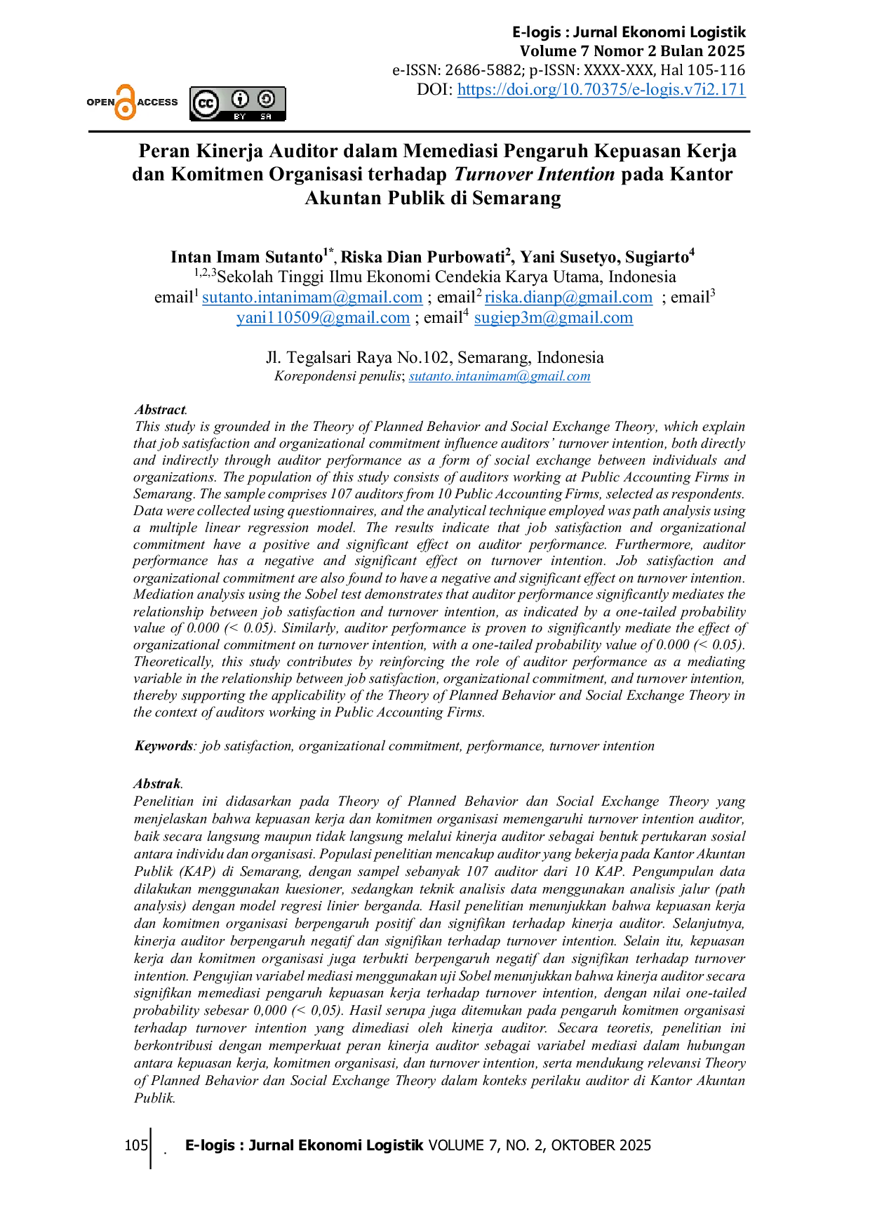 JURIS Peran Kinerja Auditor dalam Memediasi Pengaruh Kepuasan Kerja dan Komitmen Organisasi terhadap Turnover Intention pada Kantor Akuntan Publik di Semarang
