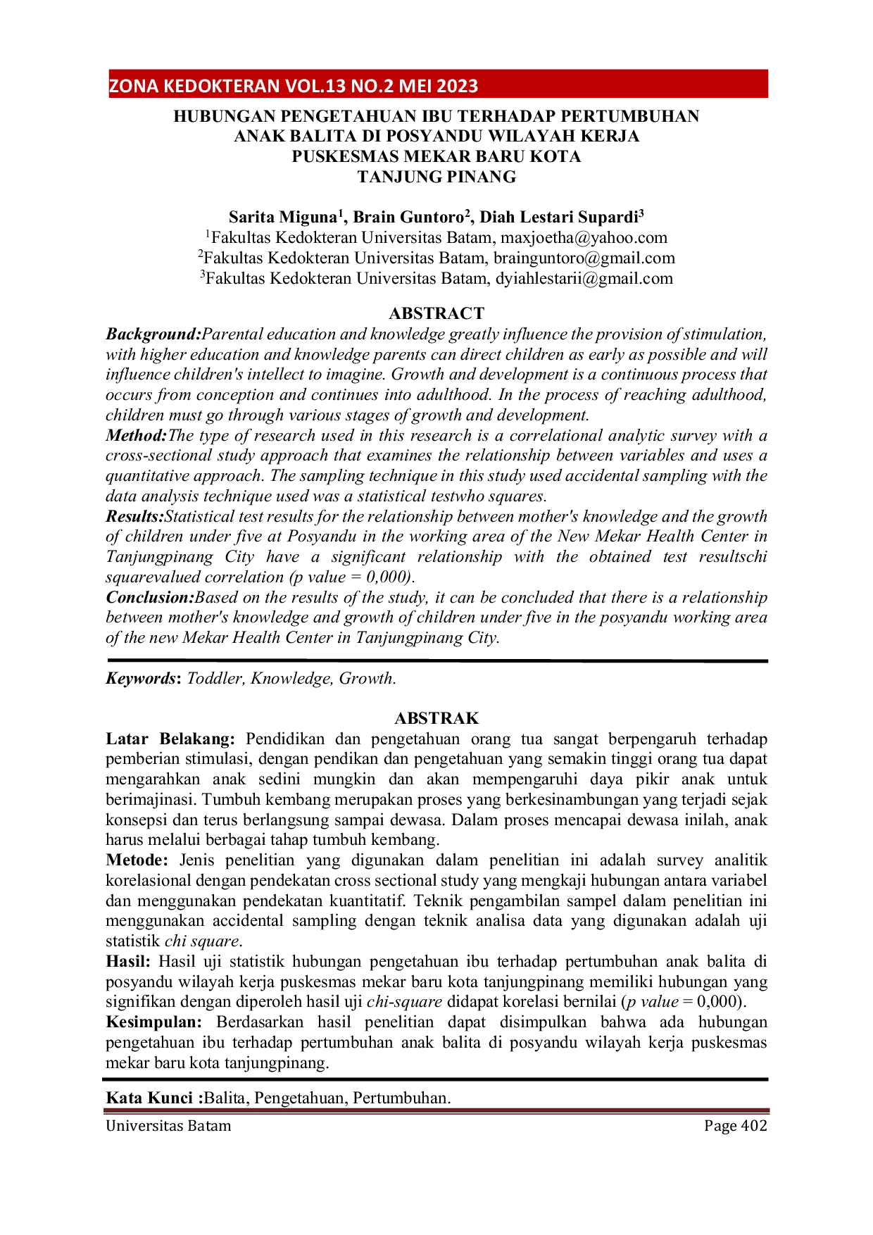 JURIS Hubungan Pengetahuan Ibu Terhadap Pertumbuhan Anak Balita Di Posyandu Wilayah Kerja Puskesmas Mekar Baru Kota Tanjung Pinang