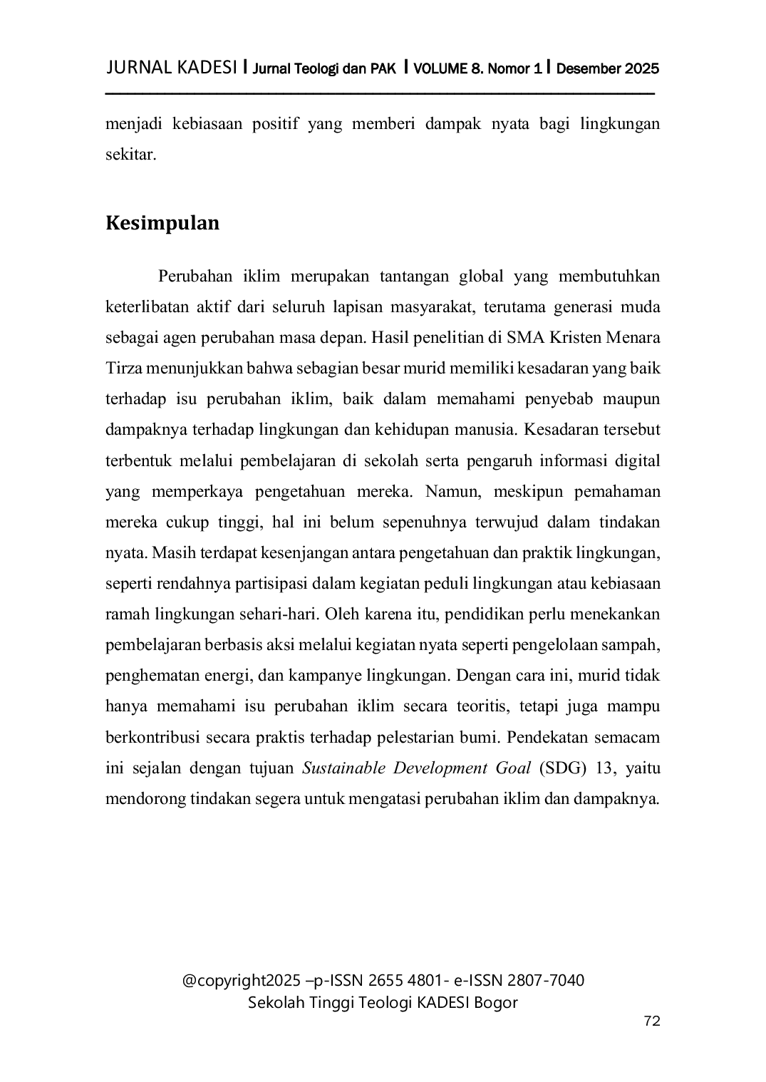 JURIS Kesadaran Dan Peran Murid SMA Kristen Menara Tirza Dalam Upaya Penanganan Perubahan Iklim
