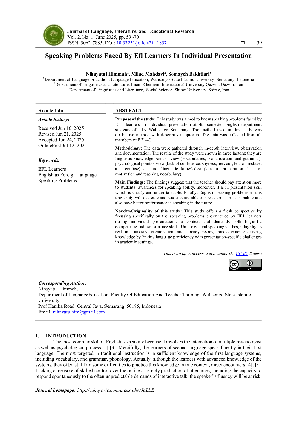 JURIS Speaking Problems Faced By Efl Learners In Individual Presentation