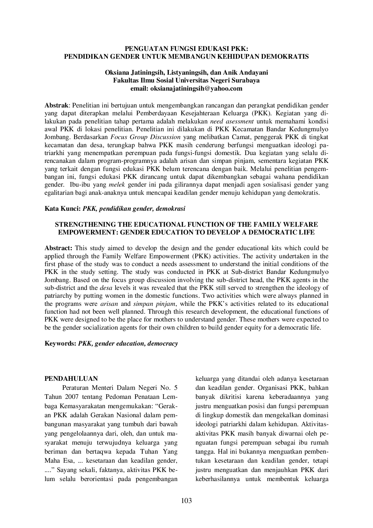 juris Penguatan Fungsi Edukasi Pkk Pendidikan Gender Untuk Membangun Kehidupan Demokratis