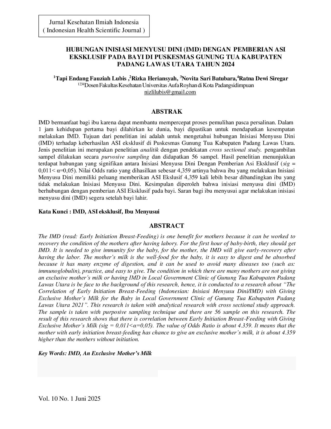 JURIS Hubungan Inisiasi Menyusu Dini Imd Dengan Pemberian Asi Eksklusif Pada Bayi Di Puskesmas Gunung Tua Kabupaten Padang Lawas Utara Tahun 2024