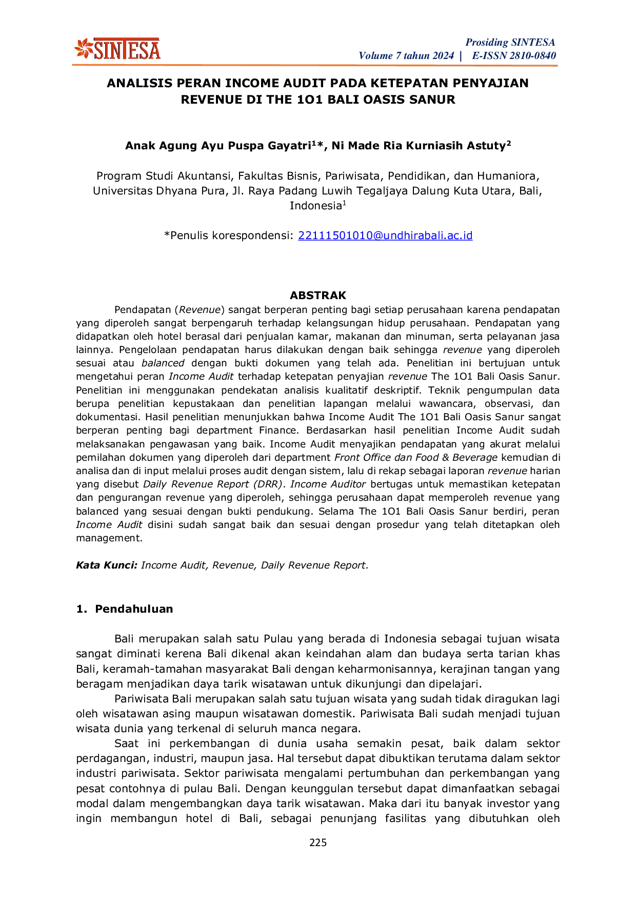 JURIS Analisis Peran Income Audit Pada Ketepatan Penyajian Revenue Di The 1O1 Bali Oasis Sanur