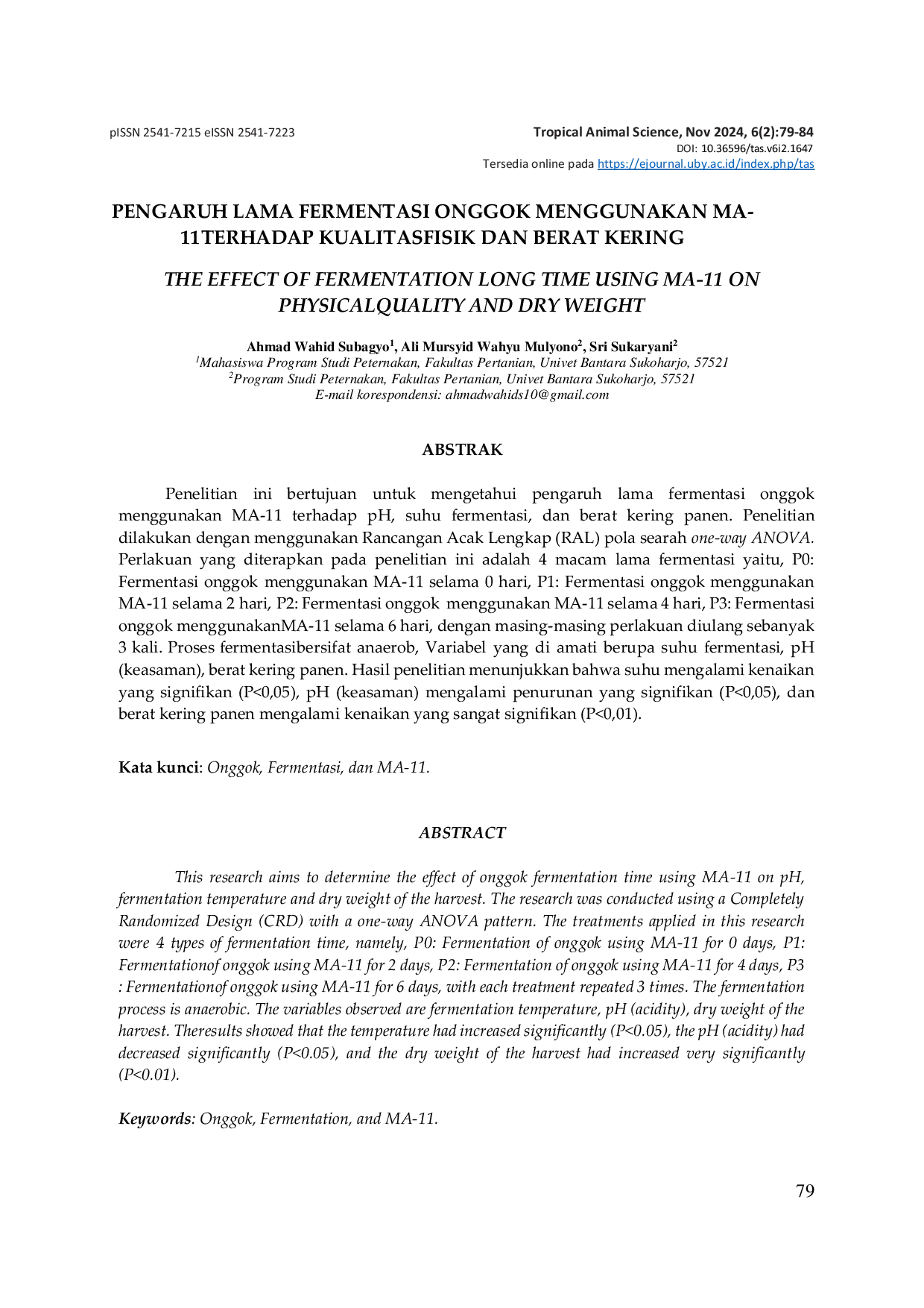 JURIS Pengaruh Lama Fermentasi Onggok Menggunakan Ma 11 Terhadap Kualitas Fisik Dan Berat Kering