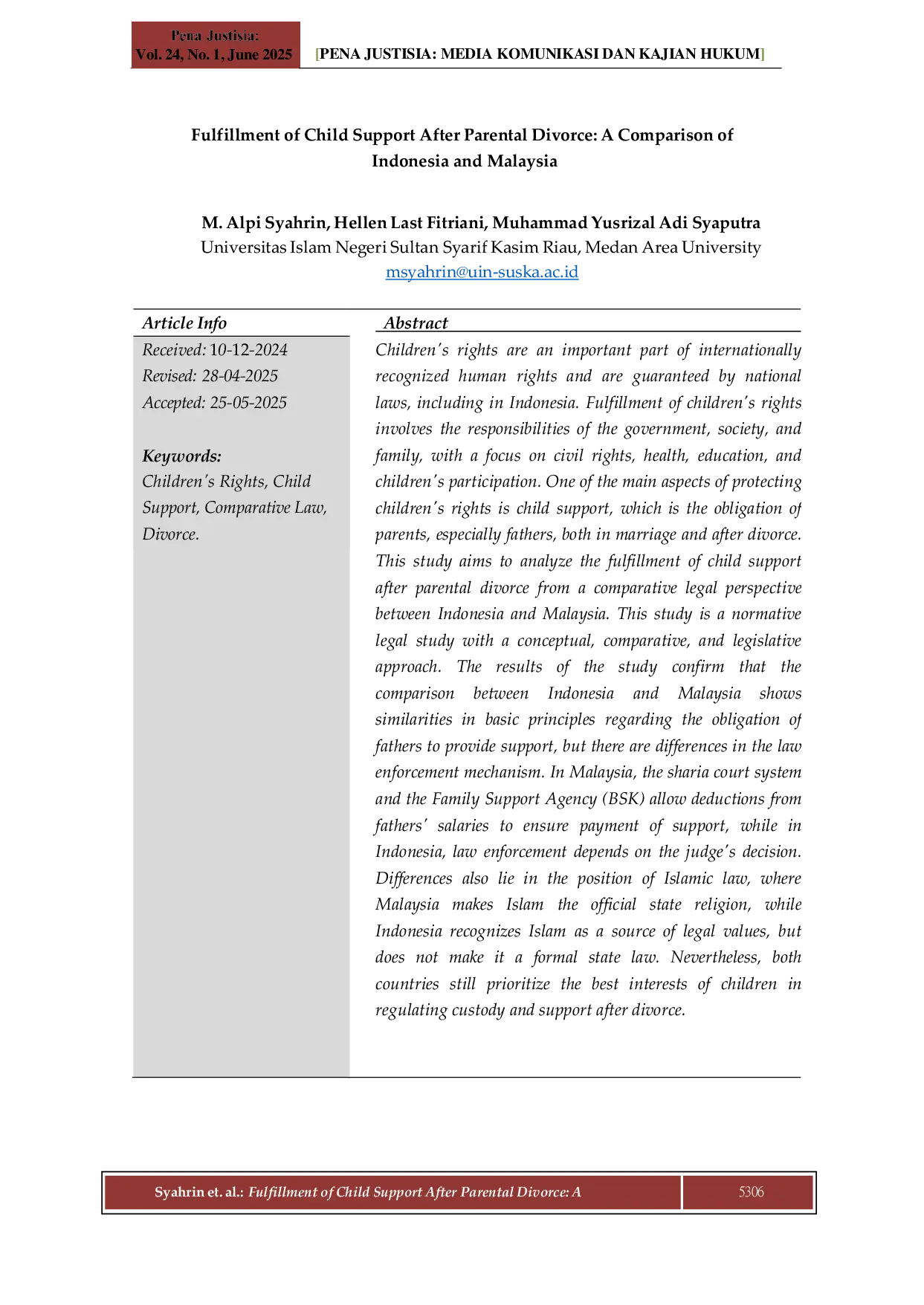 JURIS Fulfillment Of Child Support After Parental Divorce A Comparison Of Indonesia And Malaysia
