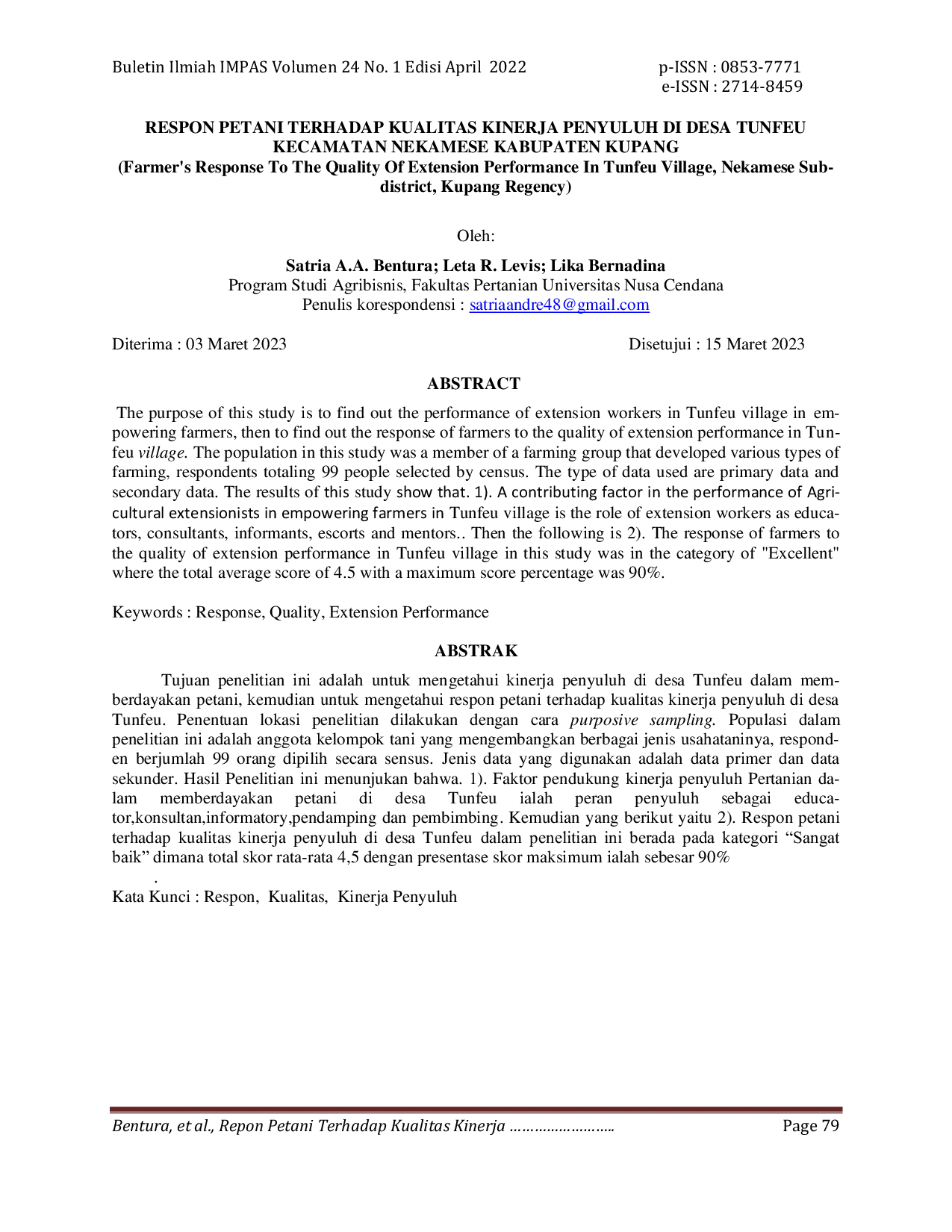 JURIS Respon Petani Terhadap Kualitas Kinerja Penyuluh Di Desa Tunfeu Kecamatan Nekamese Kabupaten Kupang