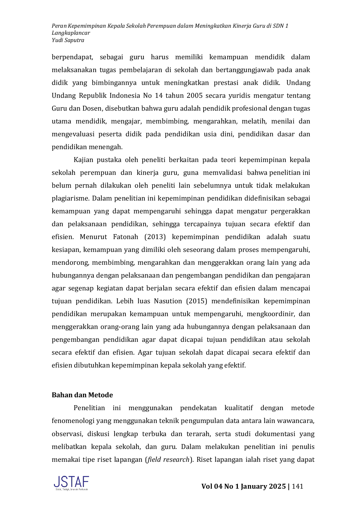 JURIS Peran Kepemimpinan Kepala Sekolah Perempuan dalam Meningkatkan Kinerja Guru di SDN 1 Langkaplancar
