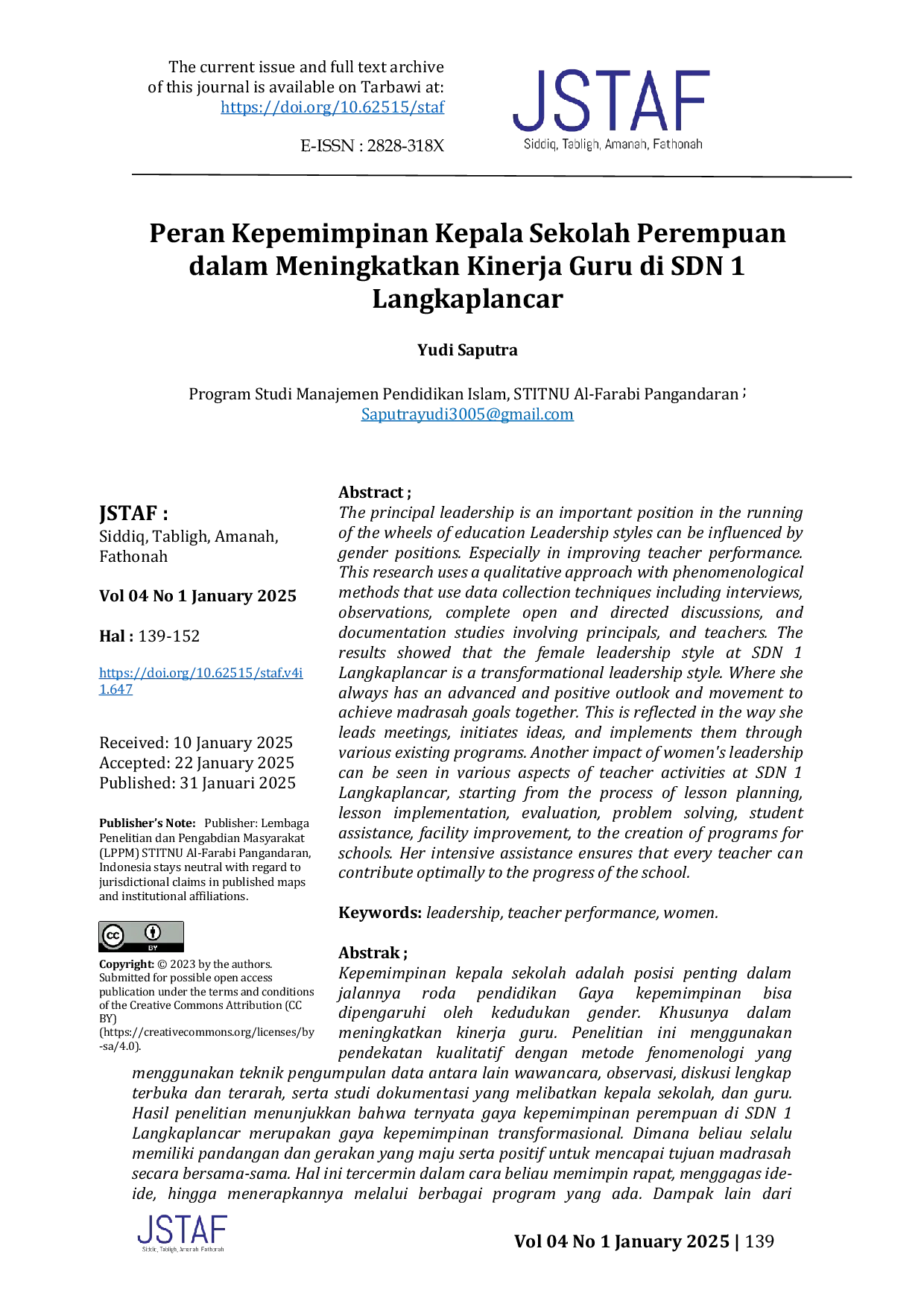 JURIS Peran Kepemimpinan Kepala Sekolah Perempuan dalam Meningkatkan Kinerja Guru di SDN 1 Langkaplancar