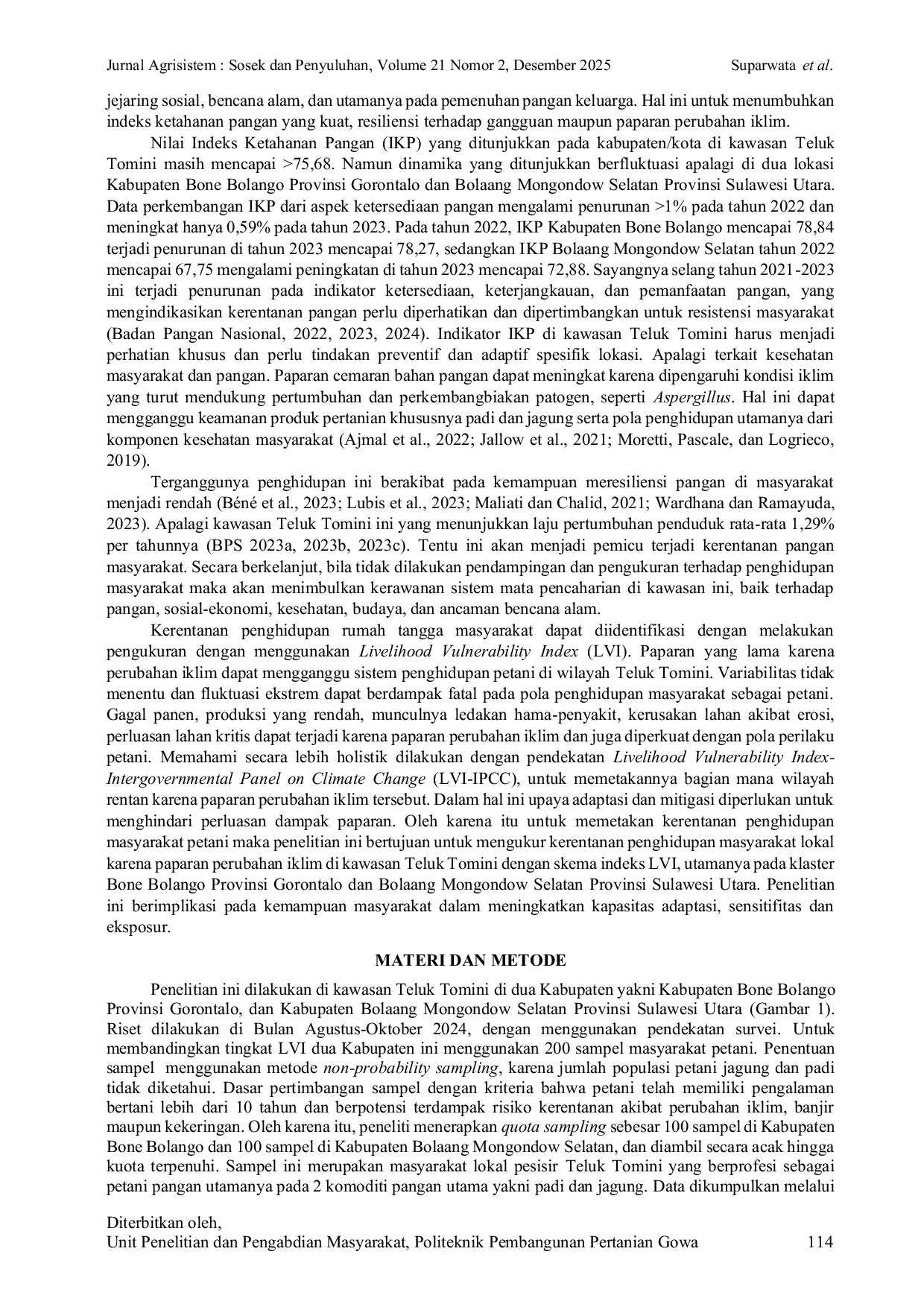 JURIS KERENTANAN PANGAN DAN PENGHIDUPAN MASYARAKAT LOKAL KARENA PAPARAN PERUBAHAN IKLIM DI KABUPATEN BONE BOLANGO DAN BOLAANG MONGONDOW SELATAN Vulnerability Of Food And Local Communities Livelihood Regard