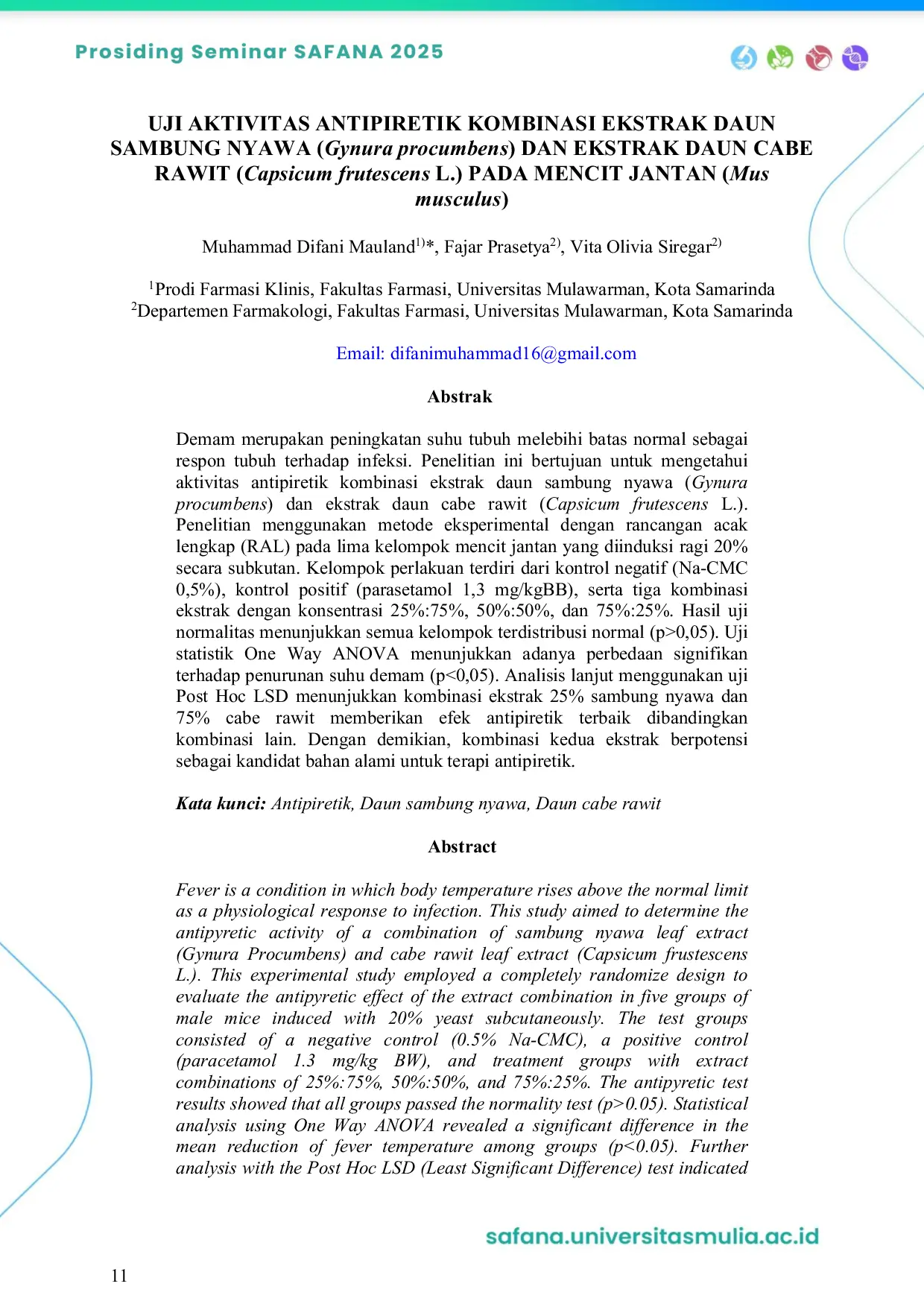 JURIS Uji Aktivitas Antipiretik Kombinasi Ekstrak Daun Sambung Nyawa Gynura procumbens dan Ekstrak Daun Cabe Rawit Capsicum frutescens L Pada Mencit Jantan Mus musculus