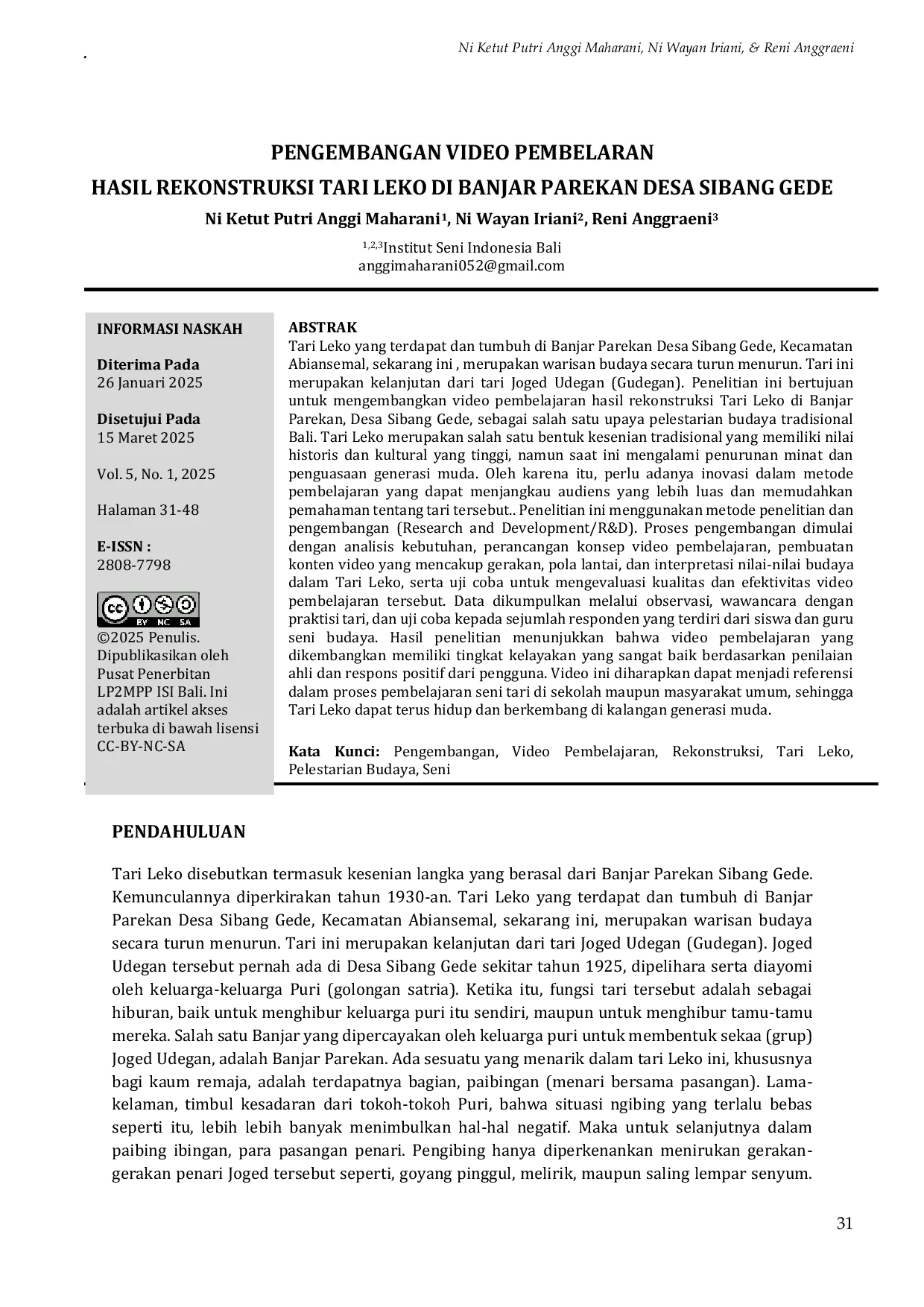 JURIS Development of Video Learning for the Reconstruction of Leko Dance in Banjar Parekan Village Sibang Gede