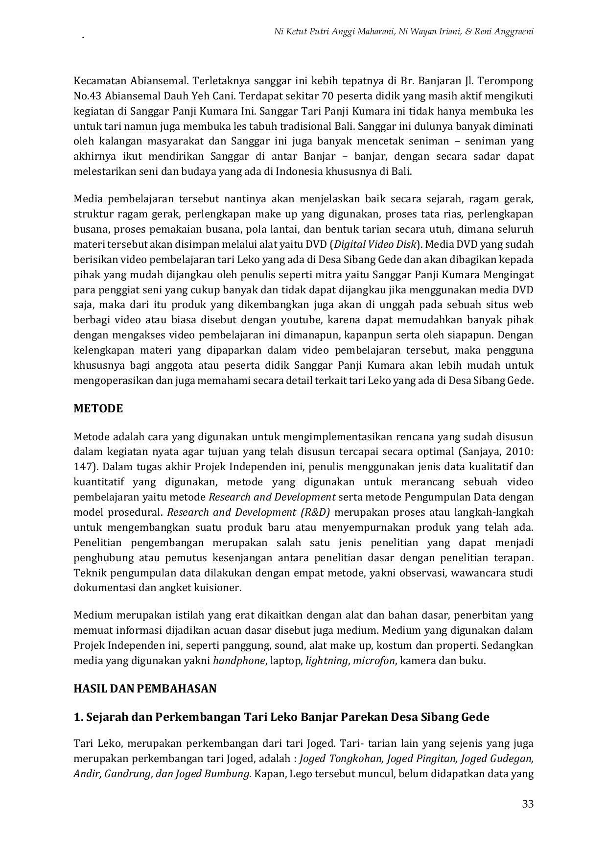 JURIS Development of Video Learning for the Reconstruction of Leko Dance in Banjar Parekan Village Sibang Gede