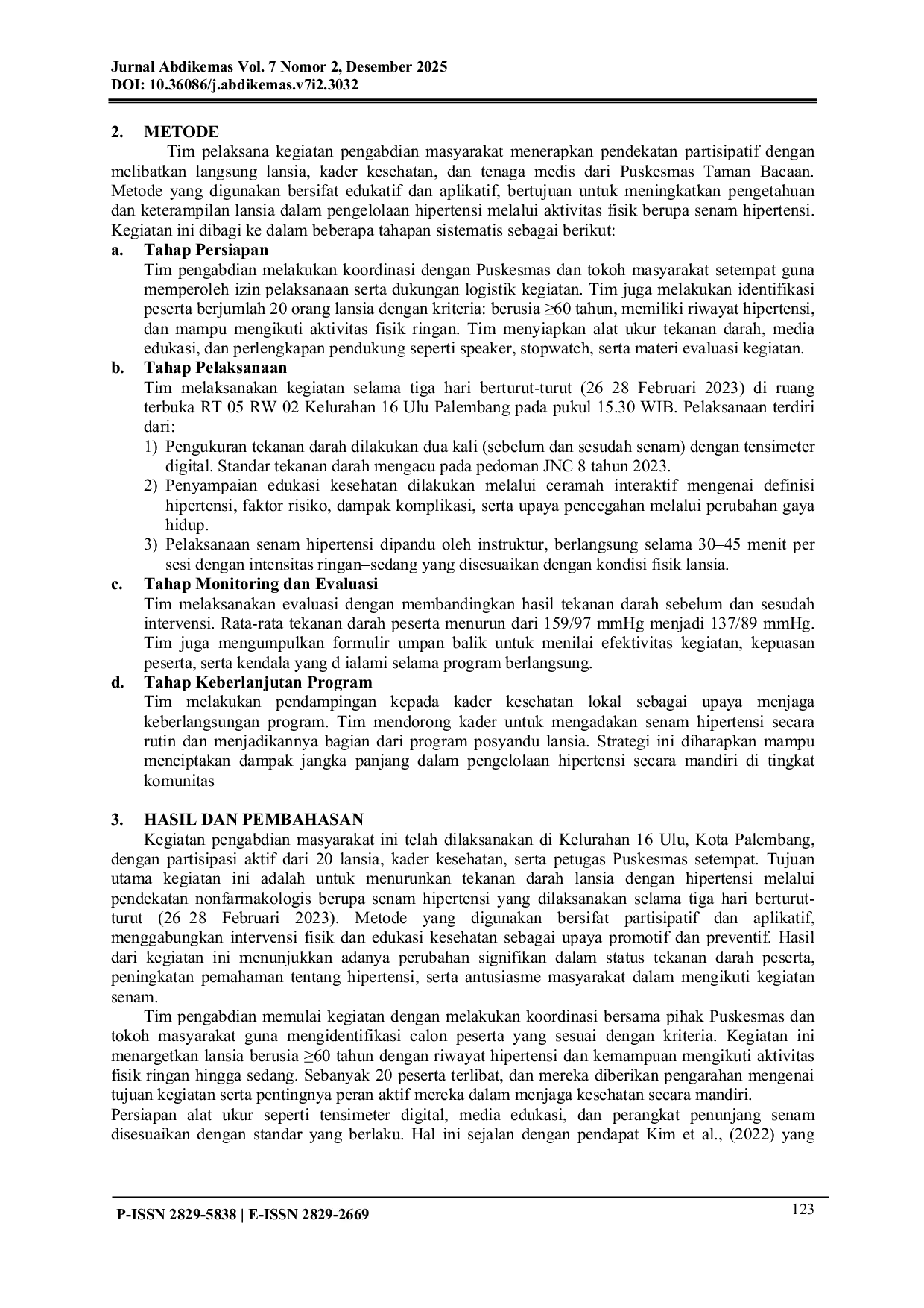 JURIS Senam Hipertensi untuk Meningkatkan Kualitas Hidup Lansia dengan Menurunkan Tekanan Darah di Kota Palembang