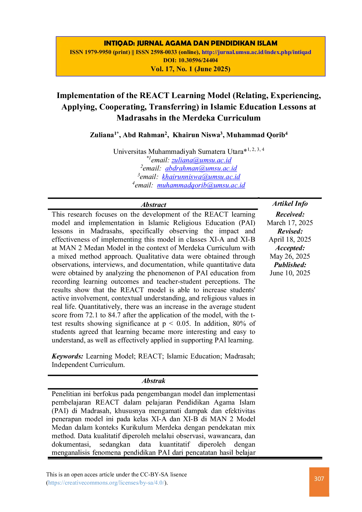 JURIS Implementation of the REACT Learning Model Relating Experiencing Applying Cooperating Transferring in Islamic Education Lessons at Madrasahs in the Merdeka Curriculum