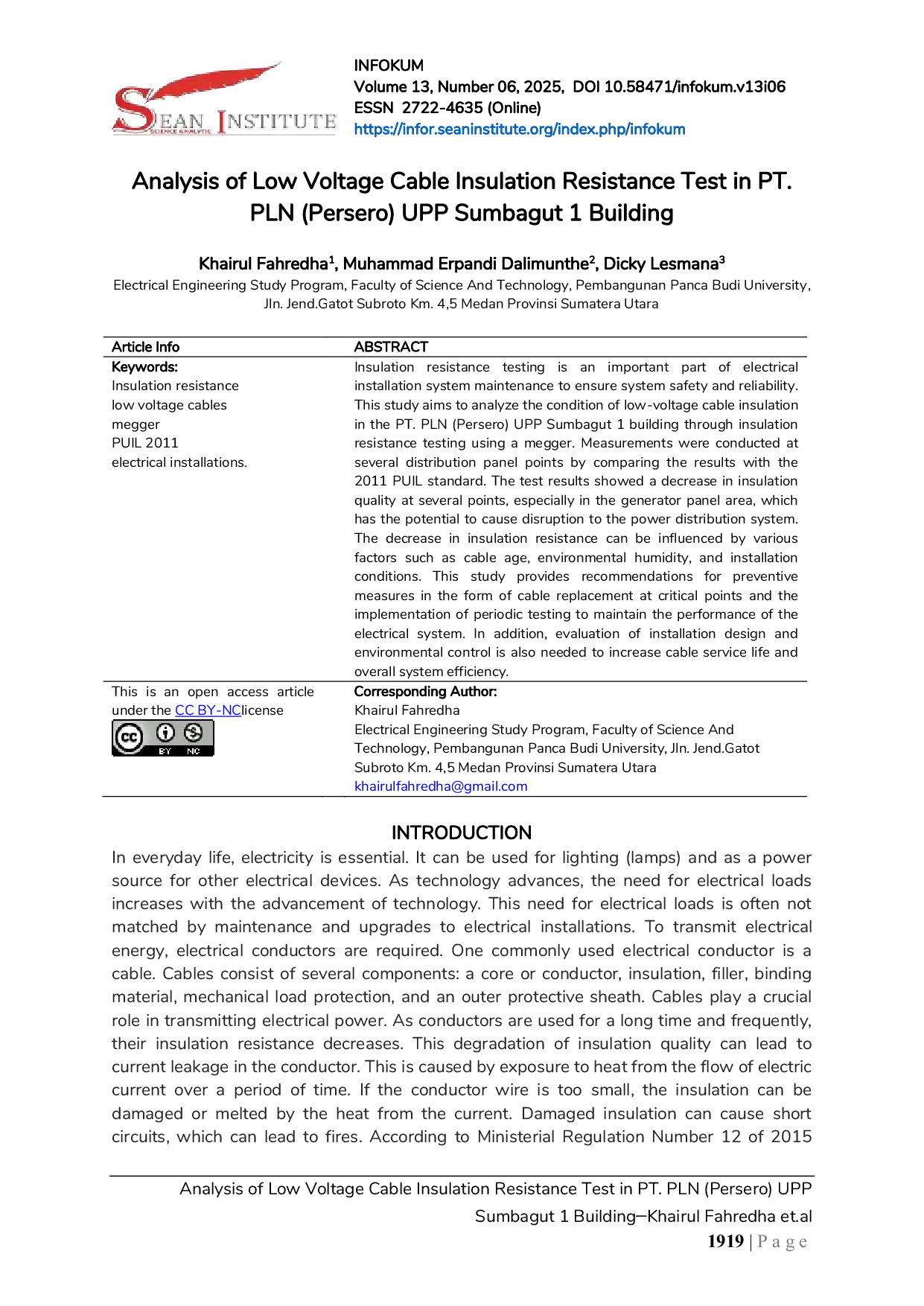 JURIS Analysis of Low Voltage Cable Insulation Resistance Test in PT PLN Persero UPP Sumbagut 1 Building