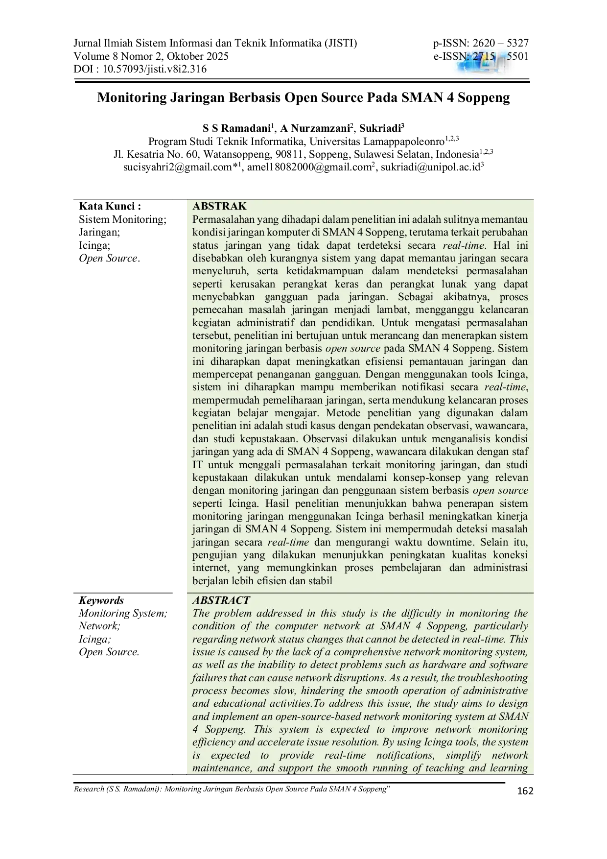 JURIS Monitoring Jaringan Berbasis Open Source Pada SMAN 4 Soppeng