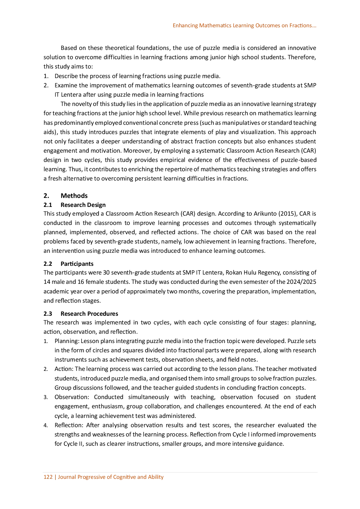 juris Enhancing Mathematics Learning Outcomes on Fractions through the Use of Puzzle Media among Seventh Grade Students at SMP IT Lentera
