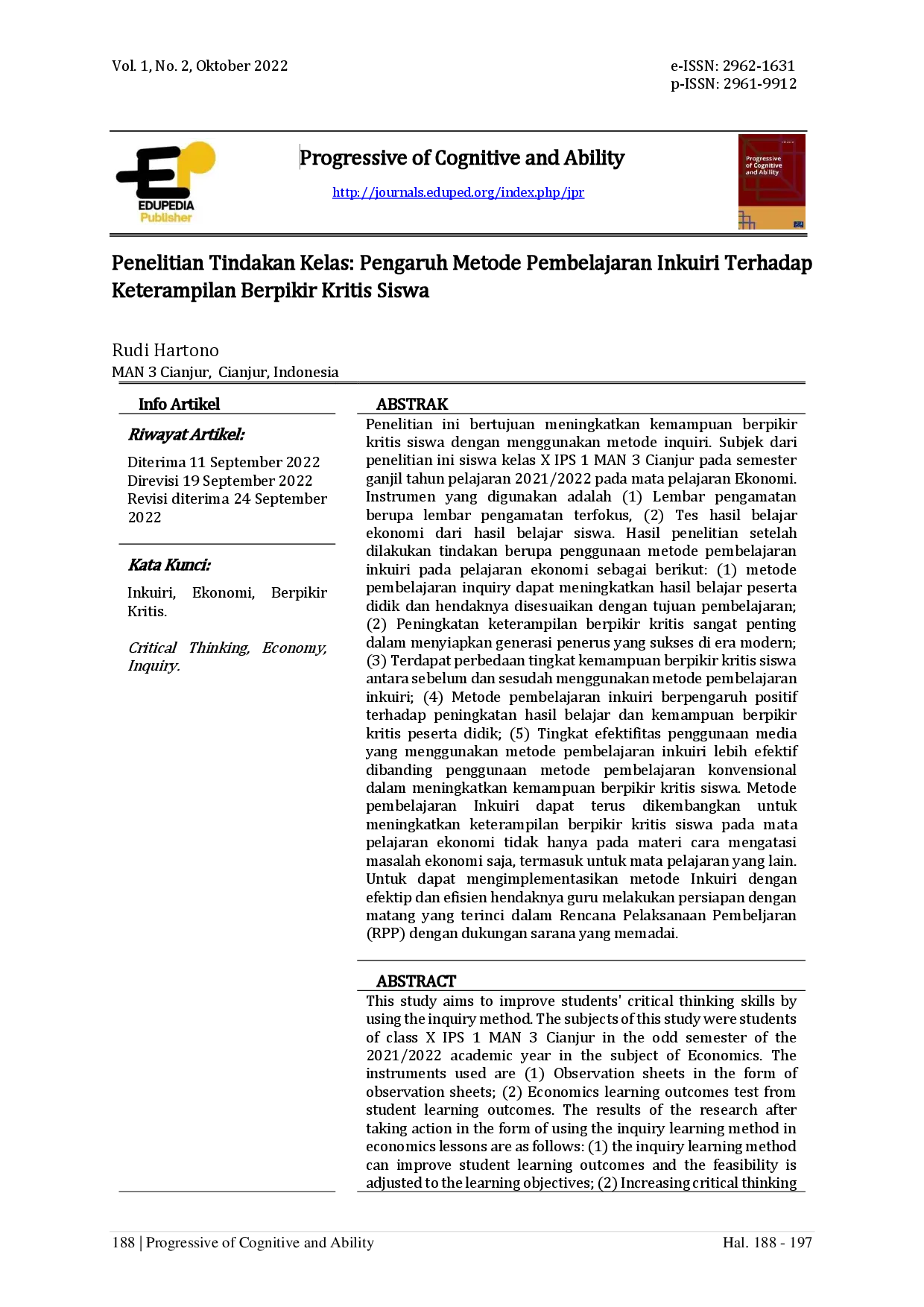 juris Penelitian Tindakan Kelas Pengaruh Metode Pembelajaran Inkuiri Terhadap Keterampilan Berpikir Kritis Siswa