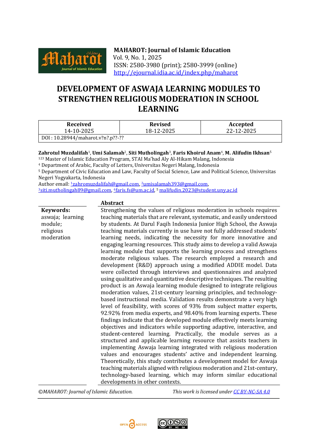 JURIS Development of Aswaja Learning Modules to Strengthen Religious Moderation in School Learning