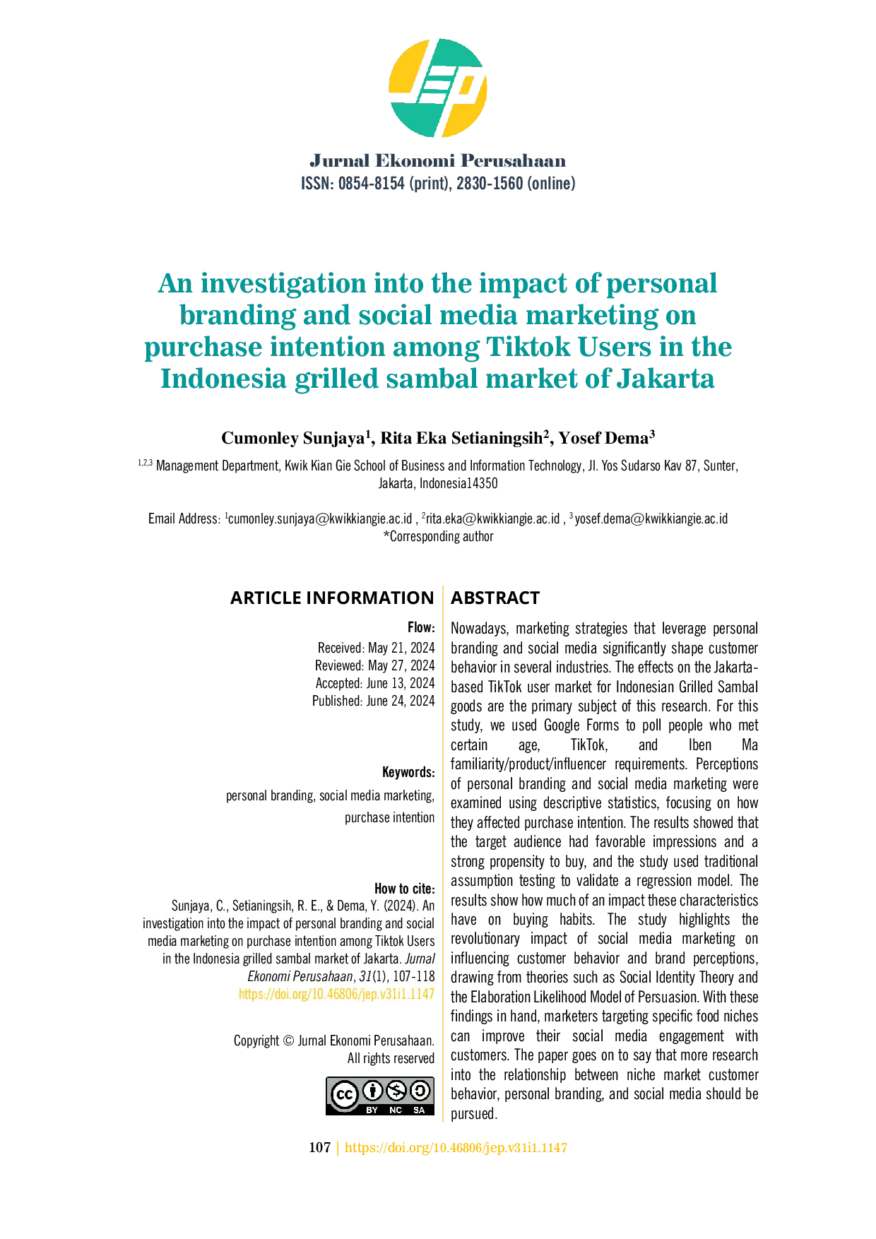 JURIS An investigation into the impact of personal branding and social media marketing on purchase intention among Tiktok Users in the Indonesia grilled sambal market of Jakarta