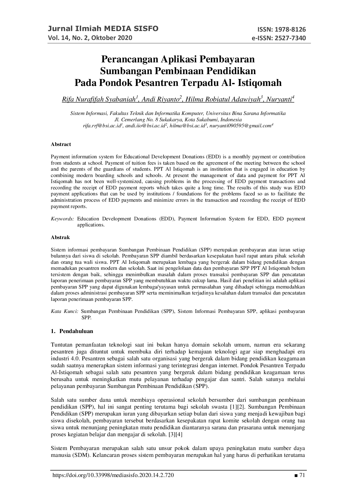 JURIS Perancangan Aplikasi Pembayaran Sumbangan Pembinaan Pendidikan Pada Pondok Pesantren Terpadu Al Istiqomah