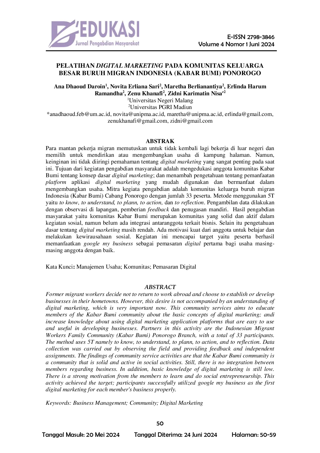 JURIS Pelatihan Digital Marketing Pada Komunitas Keluarga Besar Buruh Migran Indonesia Kabar Bumi Ponorogo