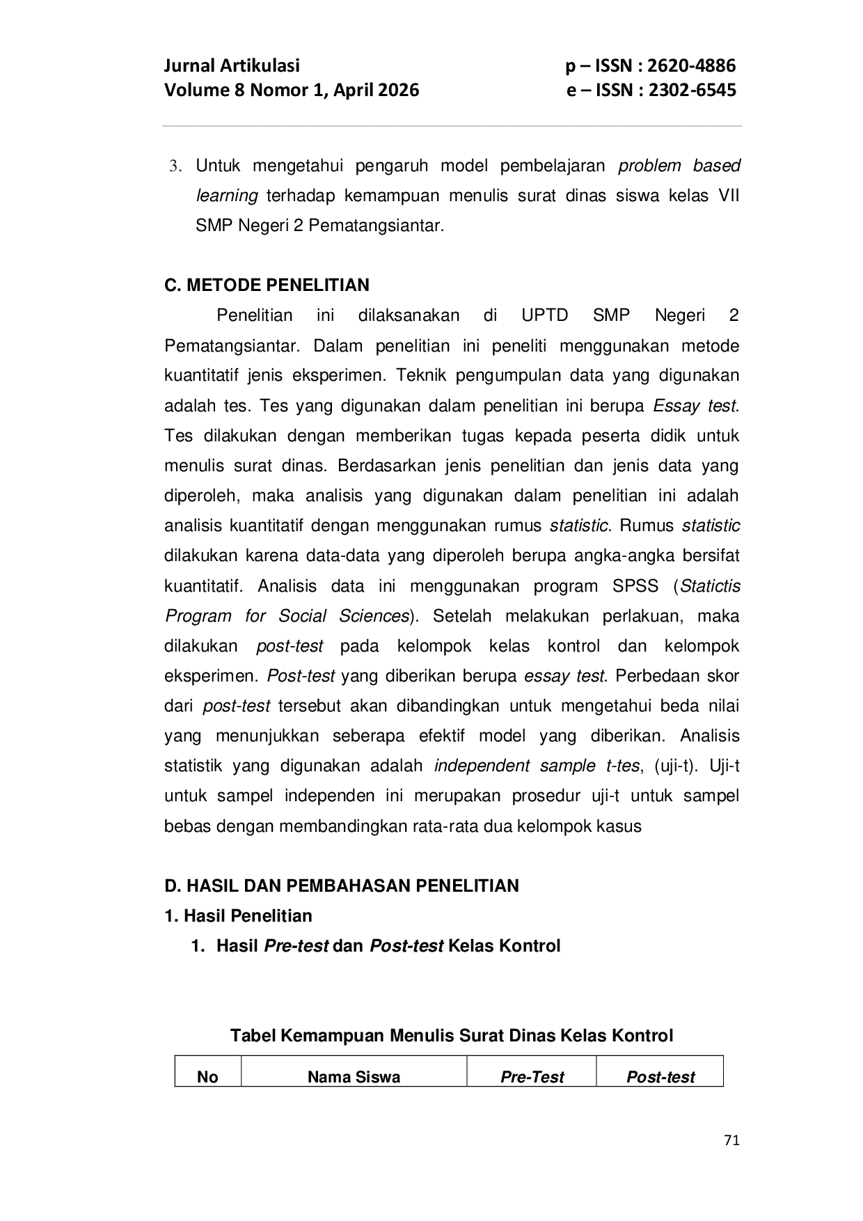 JURIS Pengaruh Model Pembelajaran Problem Based Learning Terhadap Kemampuan Menulis Surat Dinas Siswa Kelas VII SMP Negeri 2 Pematangsiantar