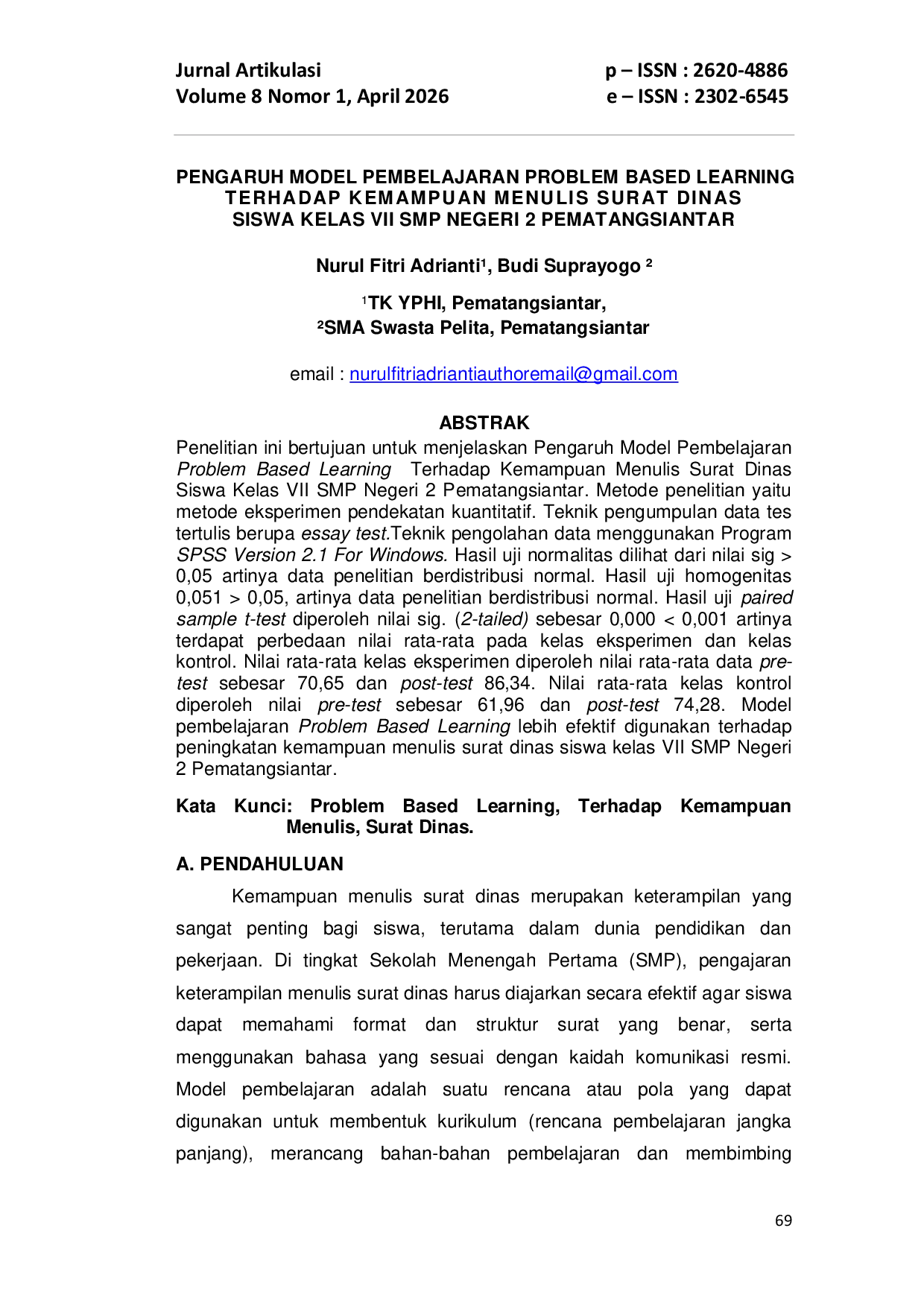 JURIS Pengaruh Model Pembelajaran Problem Based Learning Terhadap Kemampuan Menulis Surat Dinas Siswa Kelas VII SMP Negeri 2 Pematangsiantar