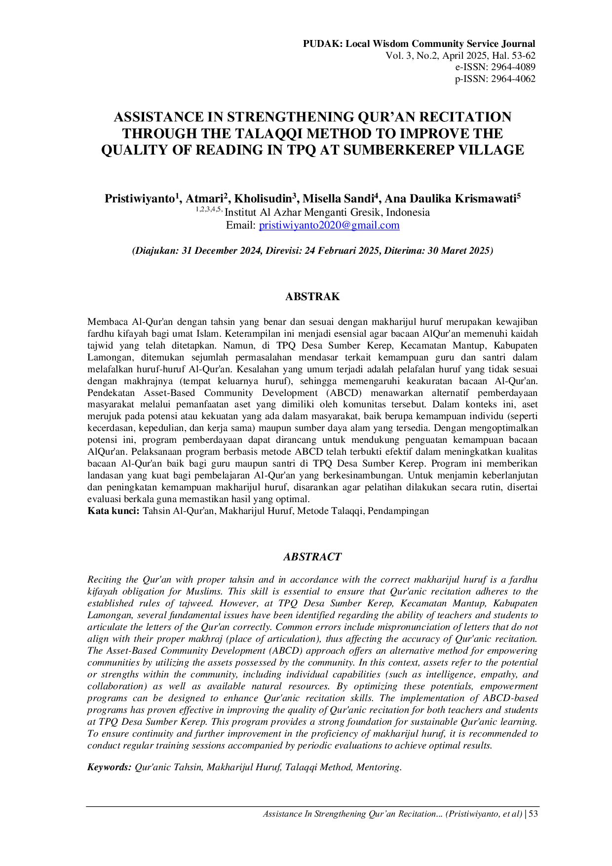 JURIS Assistance In Strengthening Qur an Recitation Through The Talaqqi Method To Improve The Quality Of Reading In TPQ At Sumberkerep Village