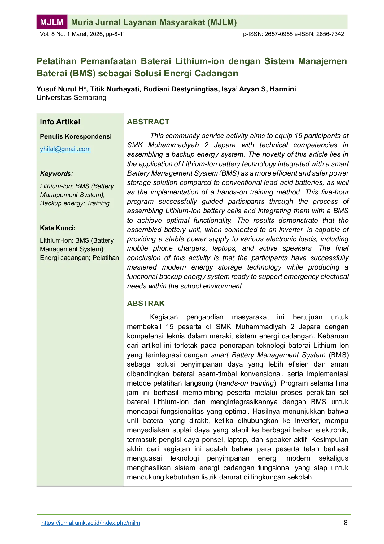 JURIS Pelatihan Pemanfaatan Baterai Lithium ion dengan Sistem Manajemen Baterai BMS sebagai Solusi Energi Cadangan