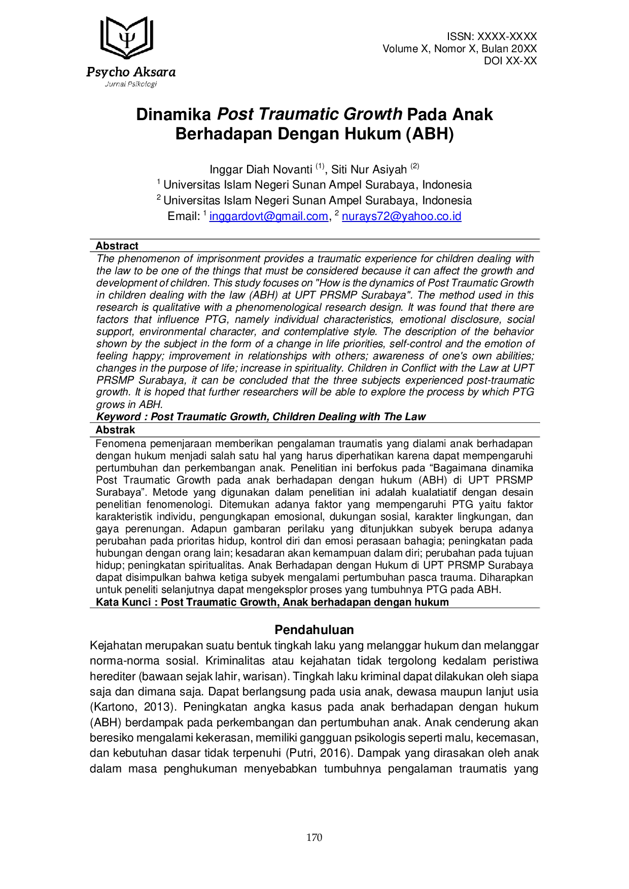 JURIS Dinamika Post Traumatic Growth Pada Anak Berhadapan Dengan Hukum ABH