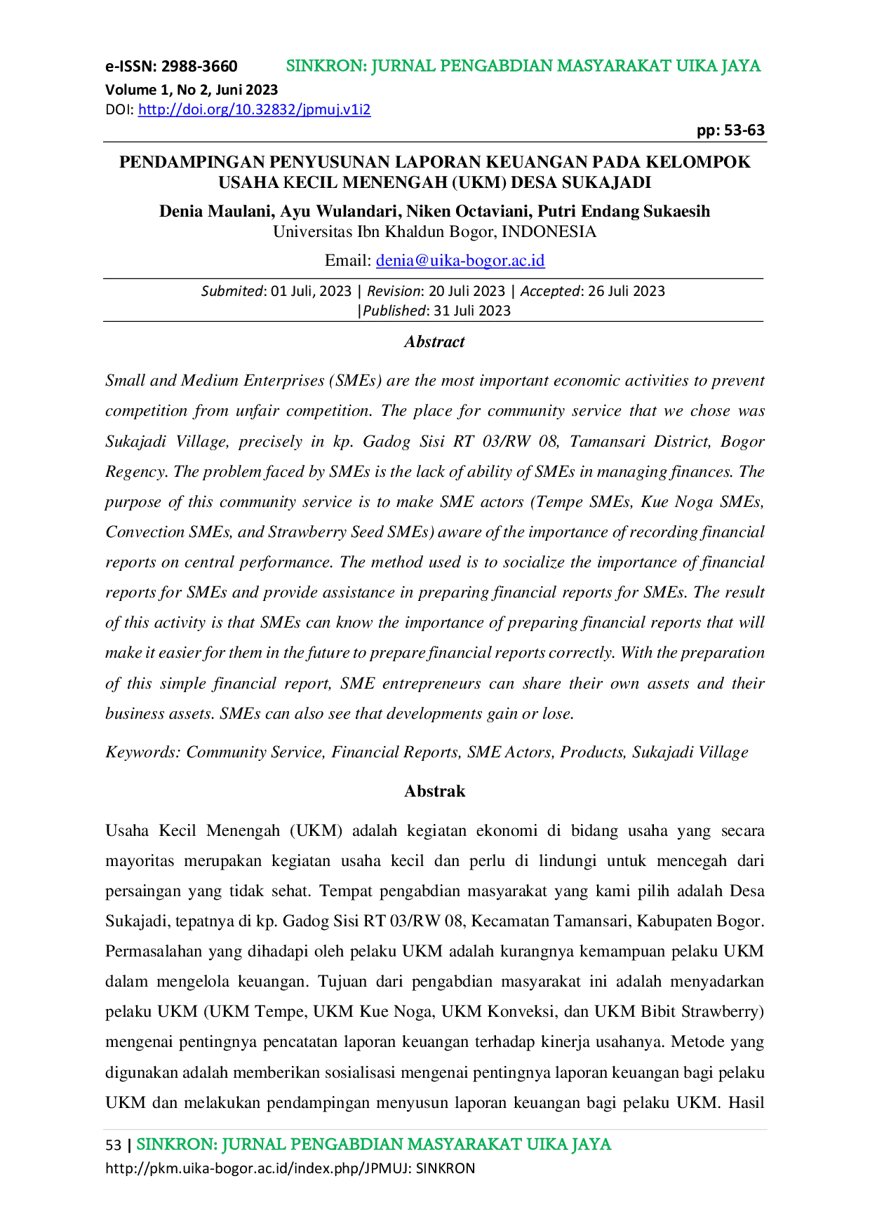 juris Pendampingan Penyusunan Laporan Keuangan Pada Kelompok Usaha Kecil Menengah UKM Desa Sukajadi