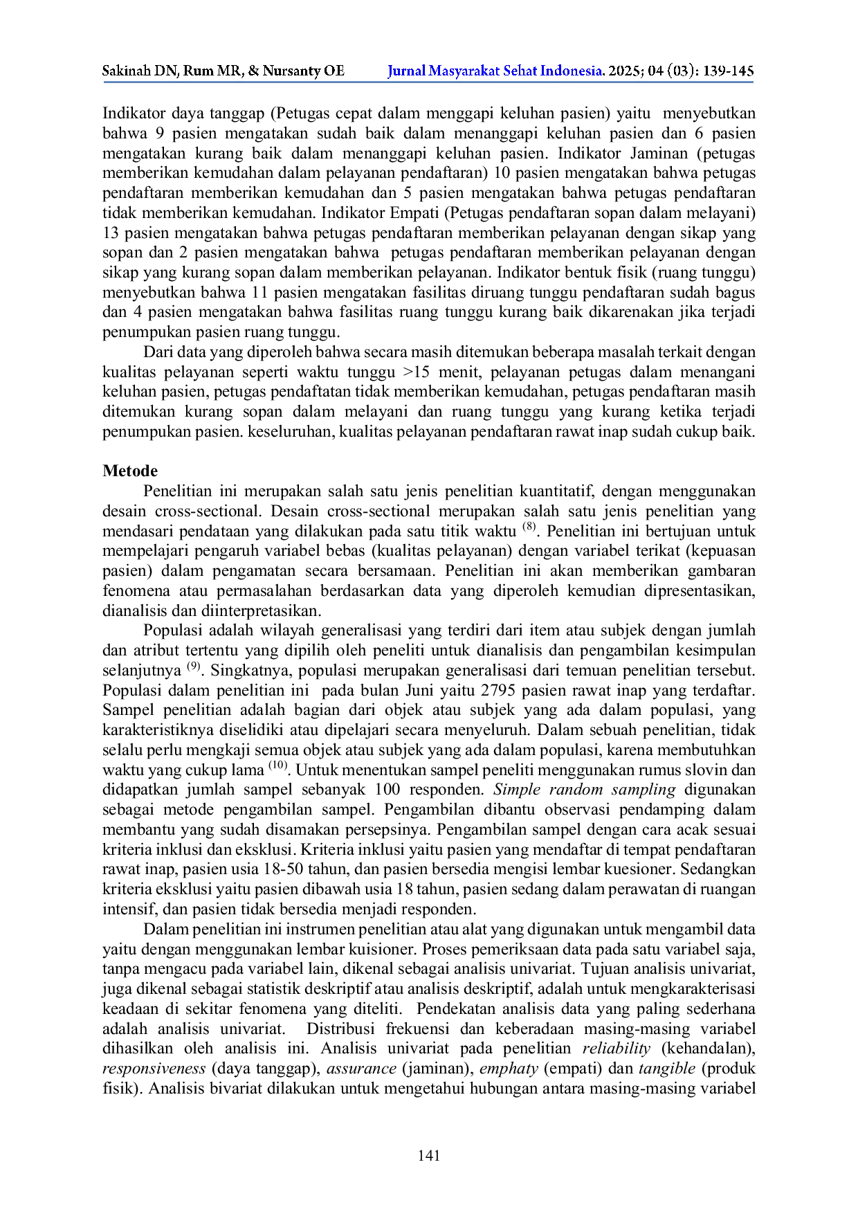 JURIS Pengaruh Kualitas Pelayanan Pendaftaran Unit Rawat Inap terhadap Kepuasan Pasien di Rumah Sakit Dr Hafiz