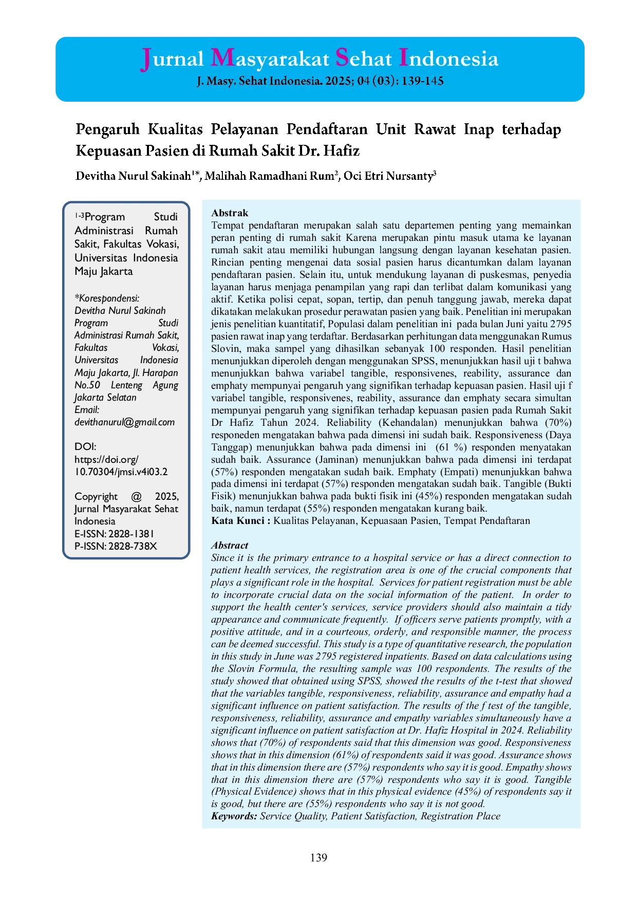 JURIS Pengaruh Kualitas Pelayanan Pendaftaran Unit Rawat Inap terhadap Kepuasan Pasien di Rumah Sakit Dr Hafiz