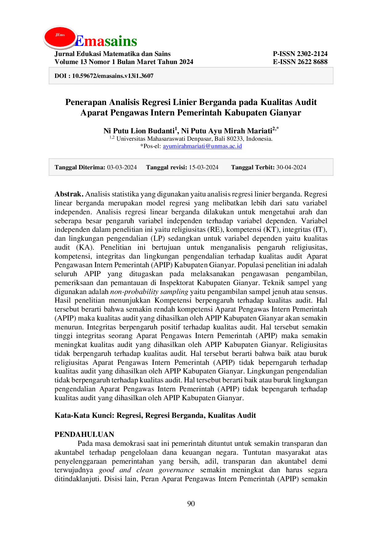 JURIS Penerapan Analisis Regresi Linier Berganda pada Kualitas Audit Aparat Pengawas Intern Pemerintah Kabupaten Gianyar