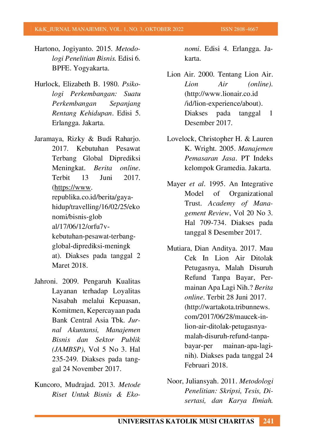 JURIS Pengaruh Kualitas Pelayanan Terhadap Loyalitas Konsumen Melalui Kepercayaan Konsumen Sebagai Variabel Mediasi Pada Maskapai Penerbangan Lion Air